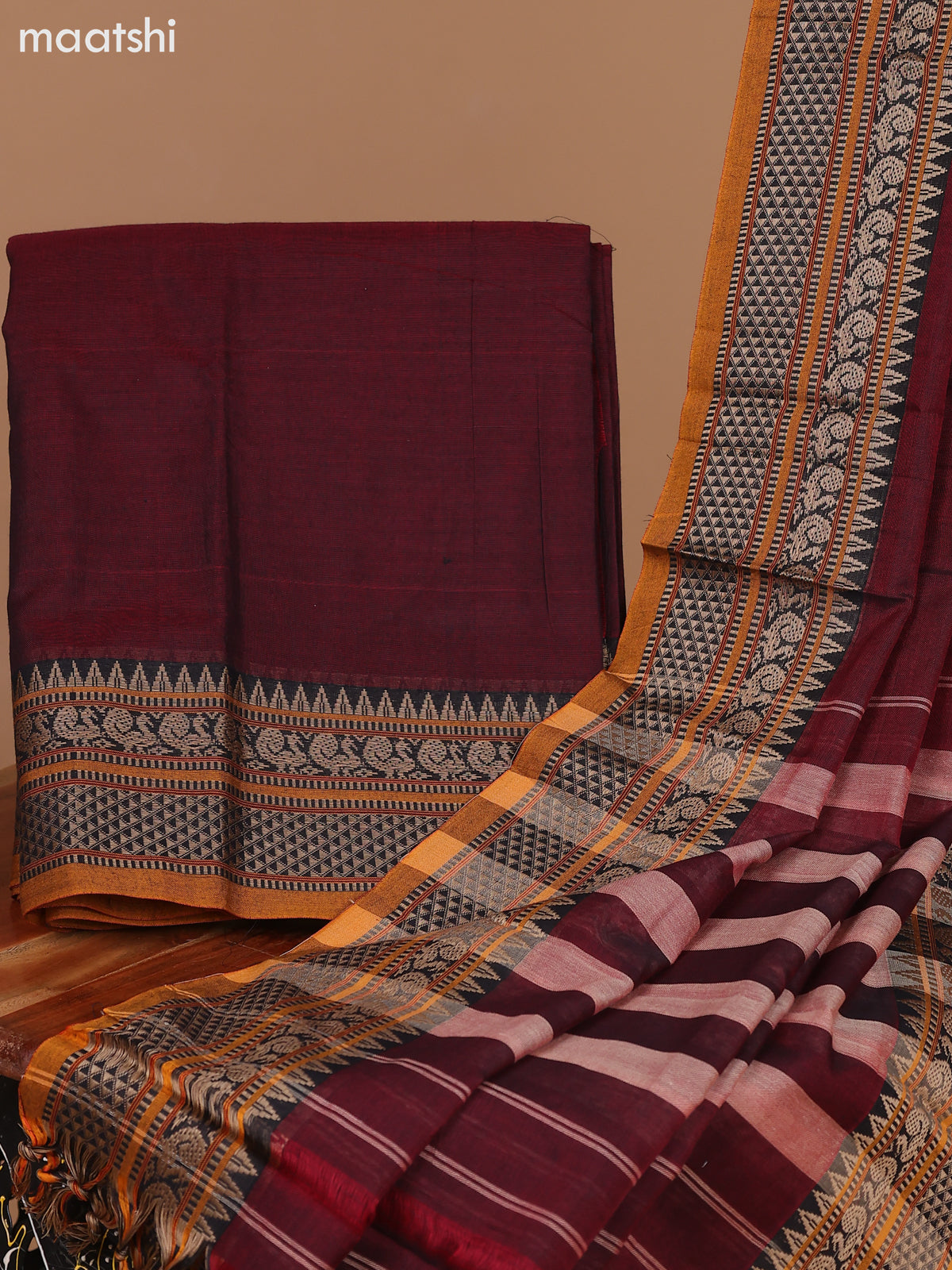 Maroon and Mustard Narayanpet Cotton Dress Material With Plain Body & Thread Woven Border and Running Bottom & Dupatta