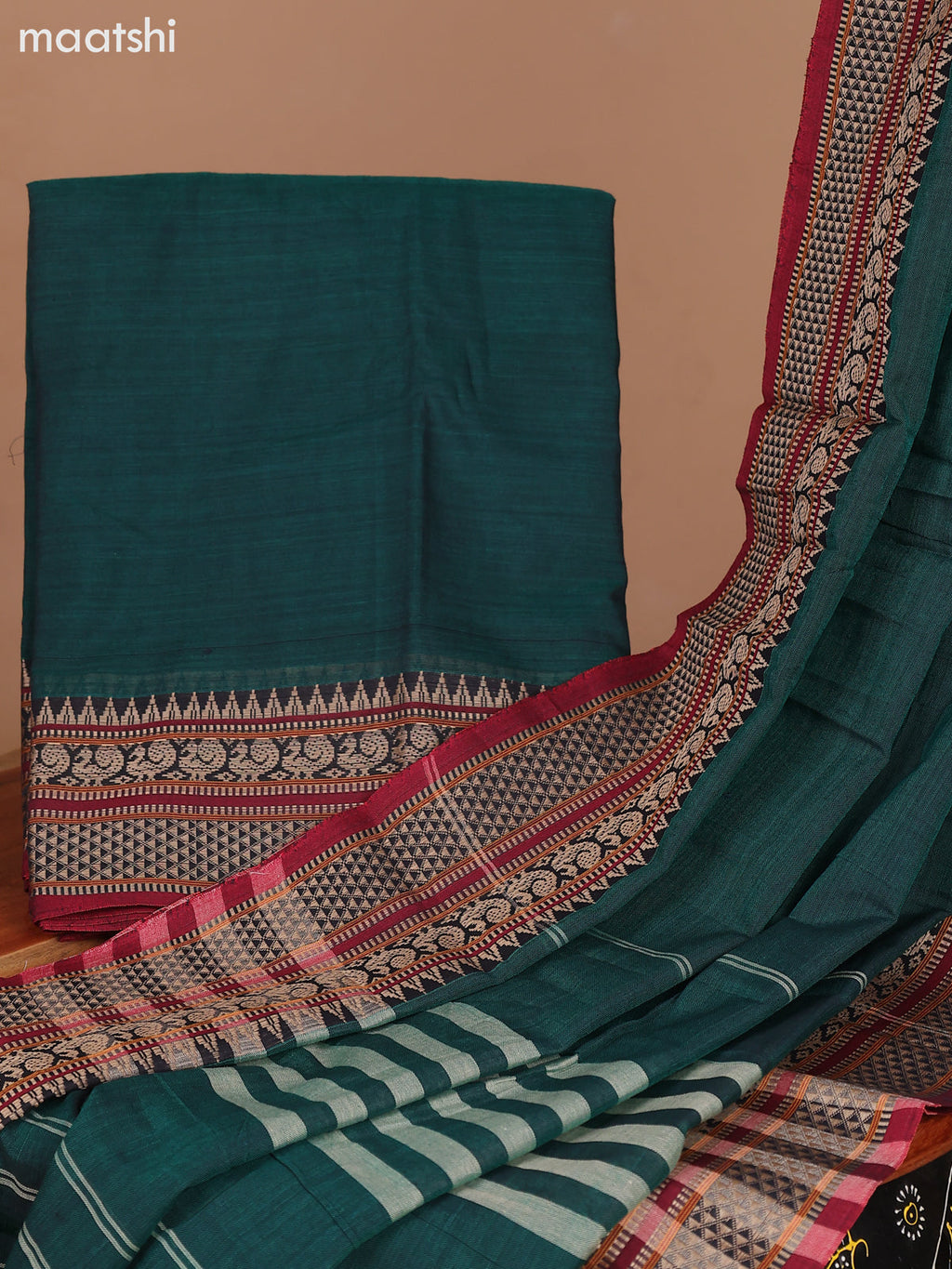 Green and Maroon Narayanpet Cotton Dress Material With Plain Body & Thread Woven Border and Running Bottom & Dupatta