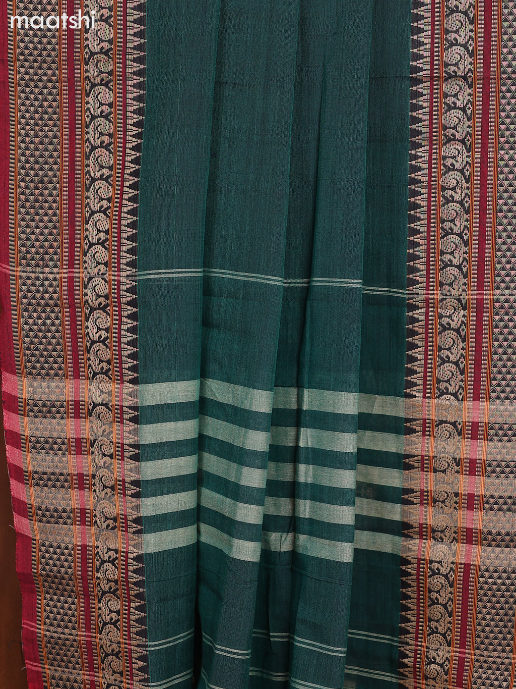 Green and Maroon Narayanpet Cotton Dress Material With Plain Body & Thread Woven Border and Running Bottom & Dupatta