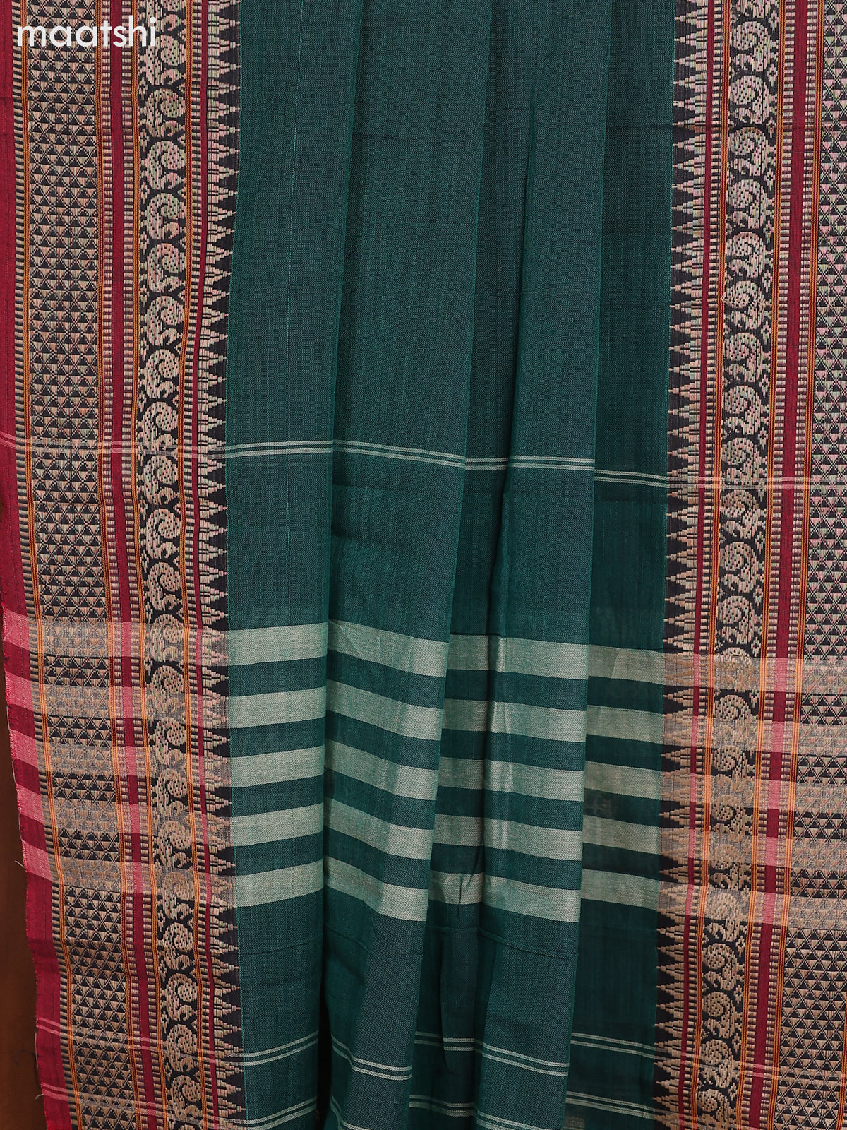 Green and Maroon Narayanpet Cotton Dress Material With Plain Body & Thread Woven Border and Running Bottom & Dupatta