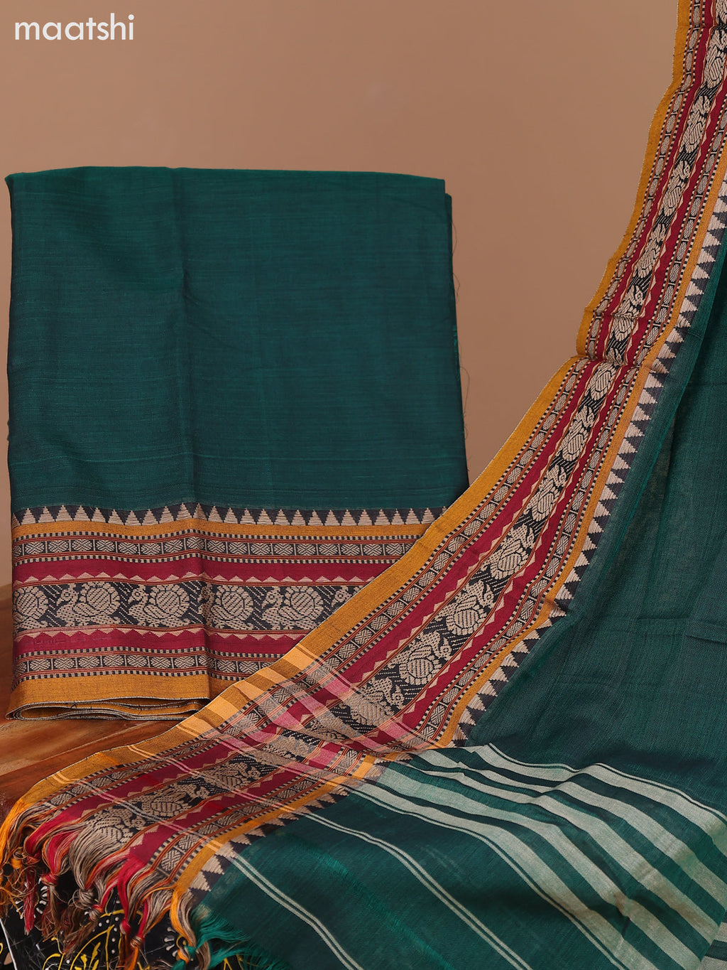 Green and Mustard Narayanpet Cotton Dress Material With Plain Body & Thread Woven Border and Running Bottom & Dupatta