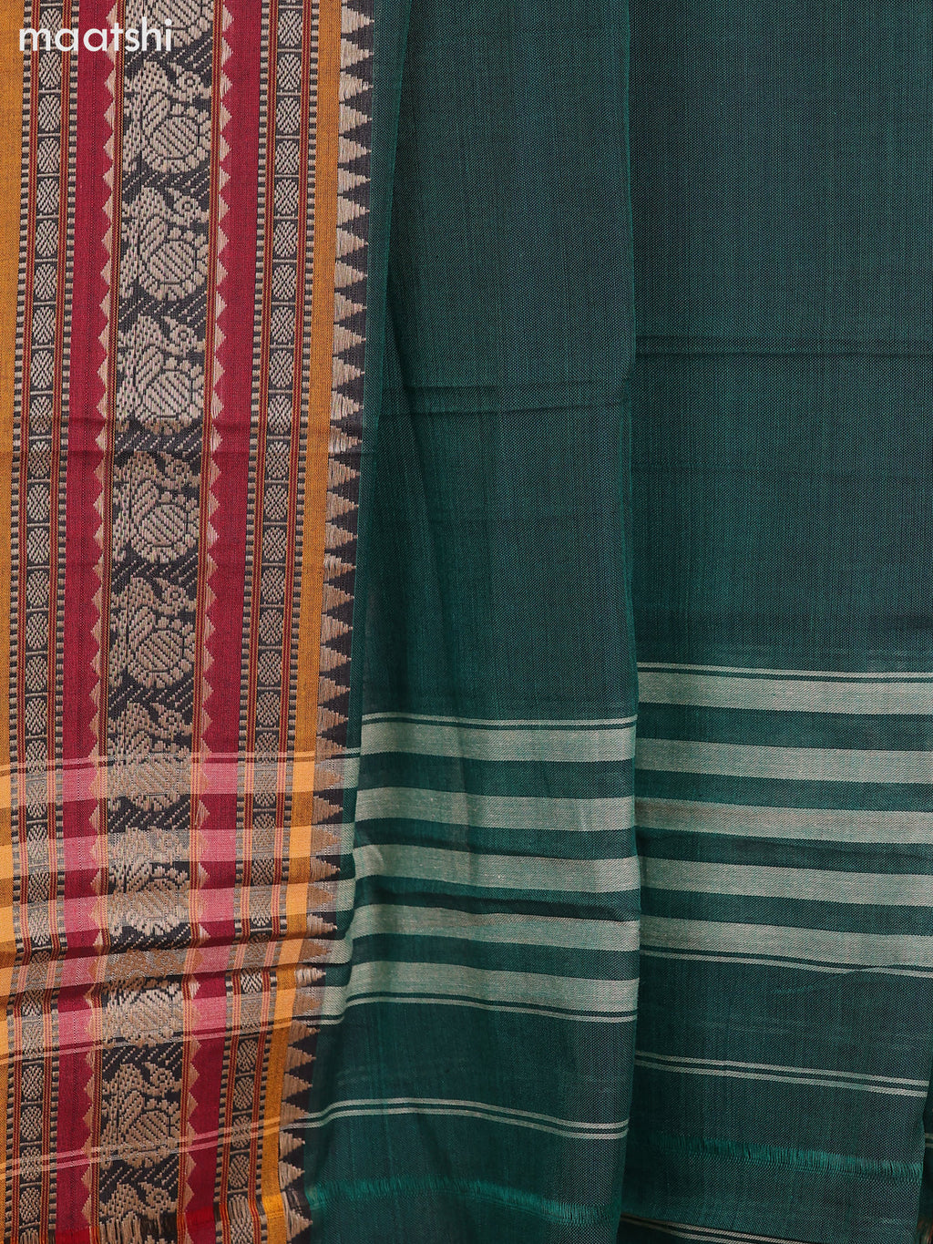Green and Mustard Narayanpet Cotton Dress Material With Plain Body & Thread Woven Border and Running Bottom & Dupatta