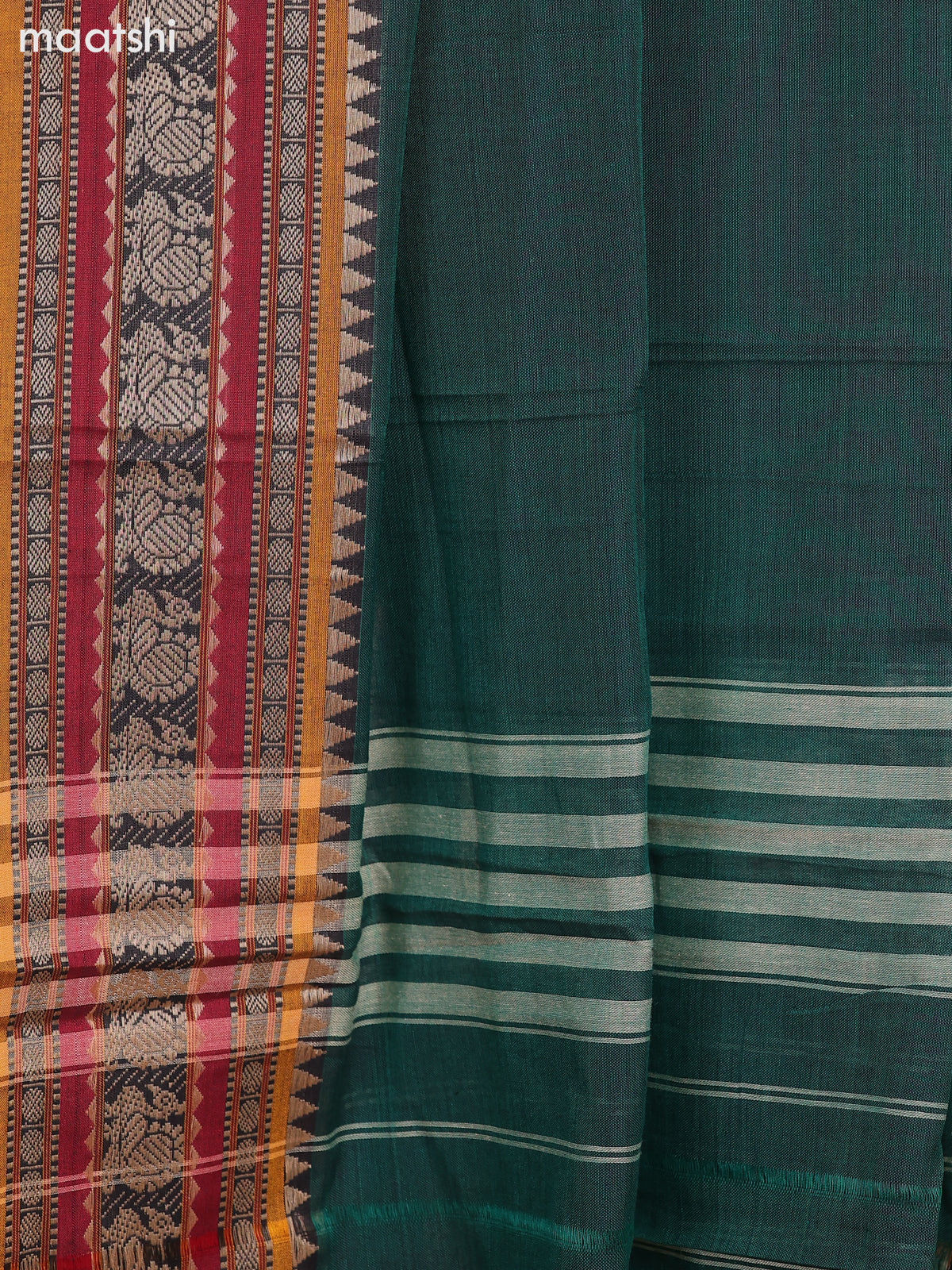 Green and Mustard Narayanpet Cotton Dress Material With Plain Body & Thread Woven Border and Running Bottom & Dupatta