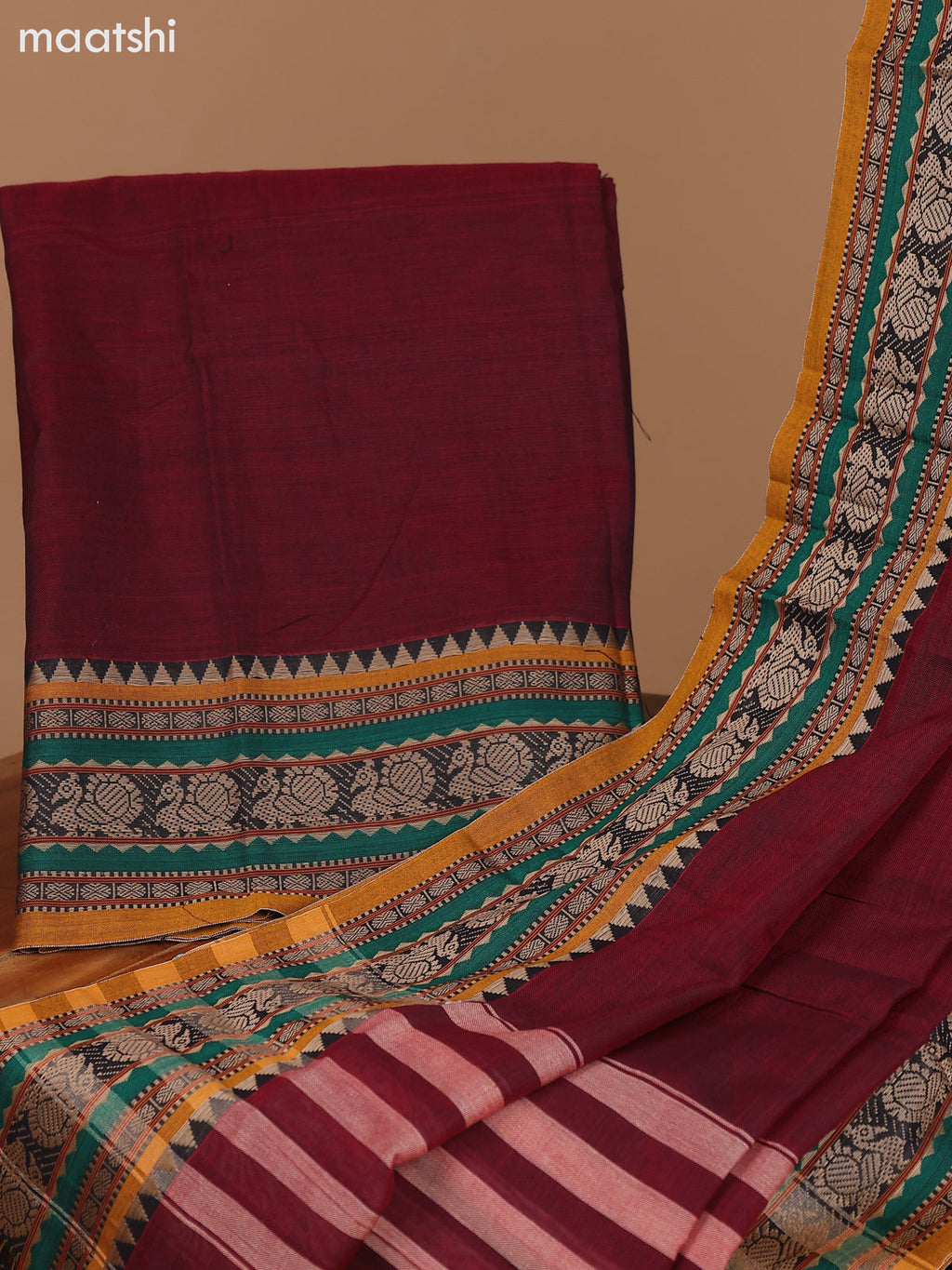 Maroon and Mustard Narayanpet Cotton Dress Material With Plain Body & Thread Woven Border and Running Bottom & Dupatta