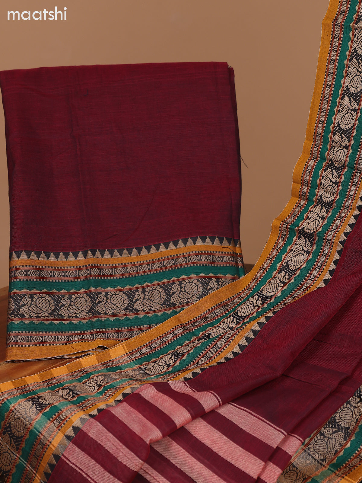 Maroon and Mustard Narayanpet Cotton Dress Material With Plain Body & Thread Woven Border and Running Bottom & Dupatta