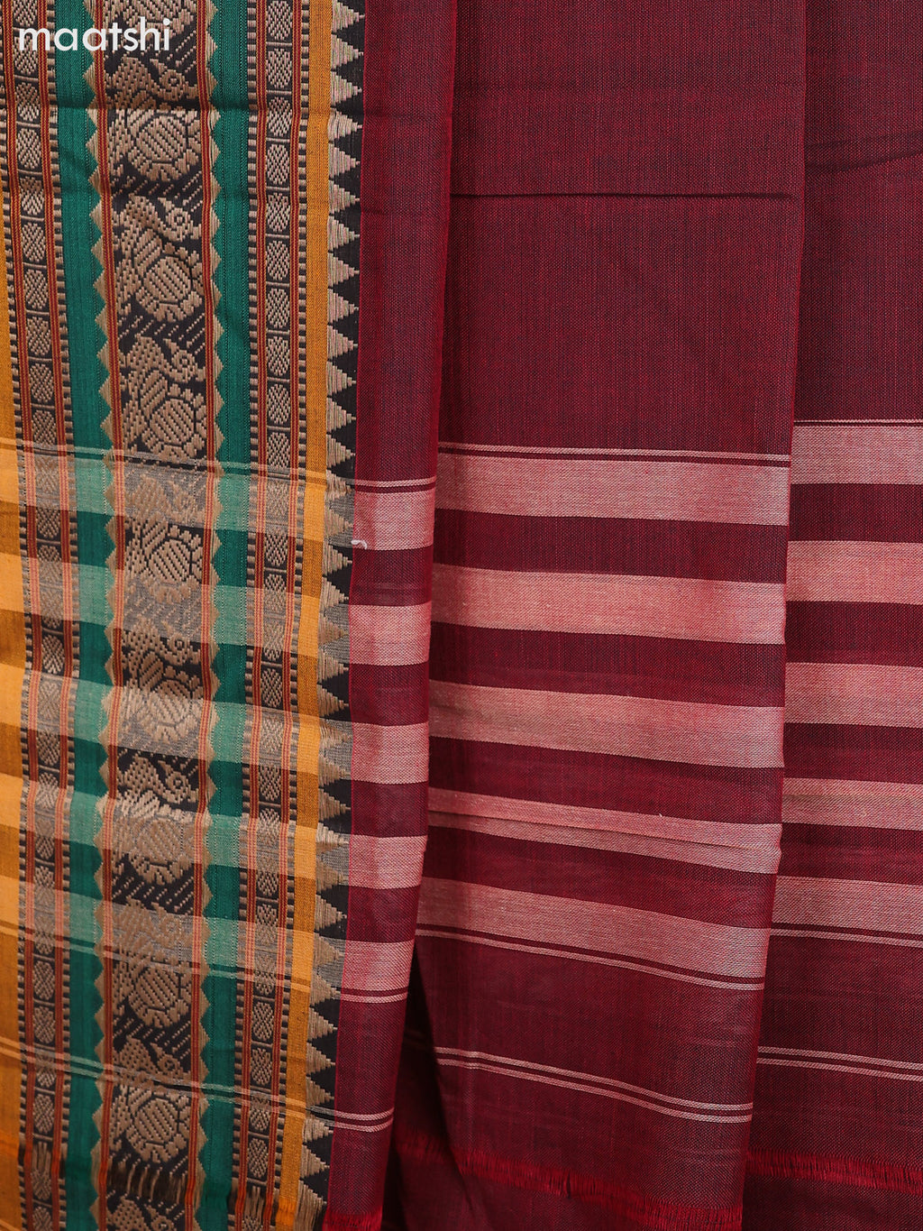 Maroon and Mustard Narayanpet Cotton Dress Material With Plain Body & Thread Woven Border and Running Bottom & Dupatta