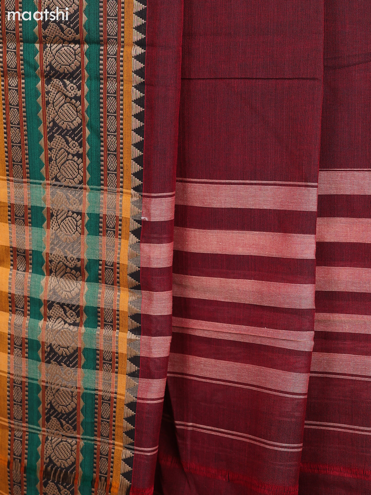 Maroon and Mustard Narayanpet Cotton Dress Material With Plain Body & Thread Woven Border and Running Bottom & Dupatta