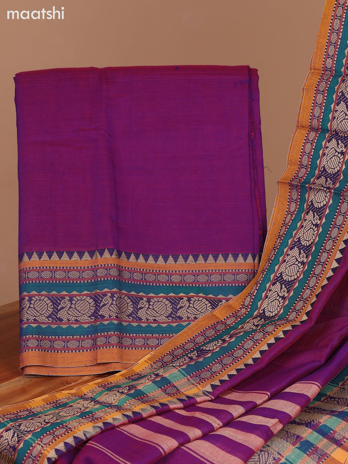 Dual Shade Of Violet and Mustard Narayanpet Cotton Dress Material With Plain Body & Thread Woven Border and Running Bottom & Dupatta