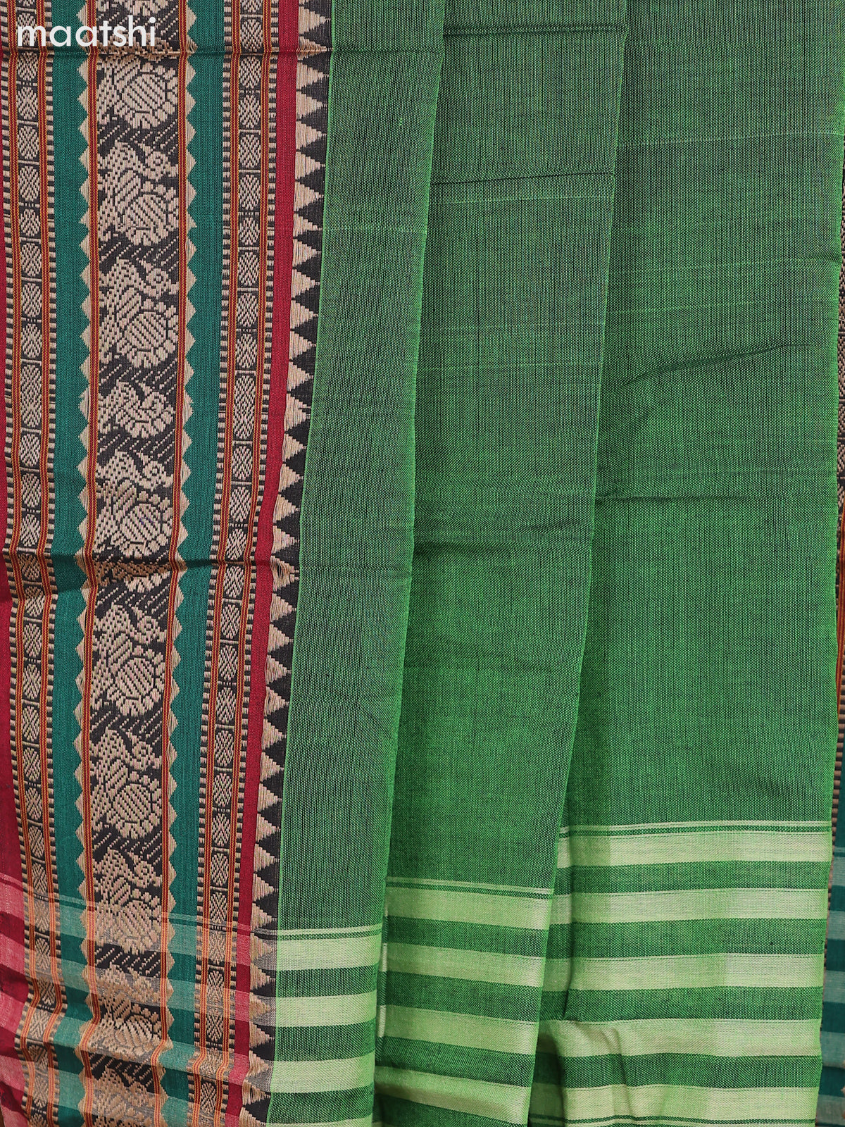 Sap Green and Maroon Narayanpet Cotton Dress Material With Plain Body & Thread Woven Border and Running Bottom & Dupatta