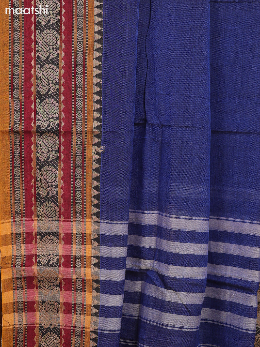Dark Blue and Mustard Narayanpet Cotton Dress Material With Plain Body & Thread Woven Border and Running Bottom & Dupatta