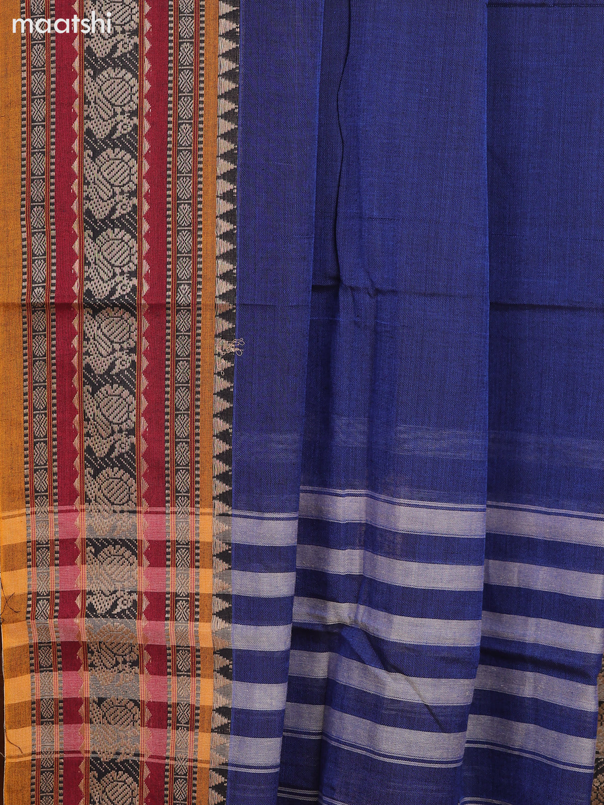 Dark Blue and Mustard Narayanpet Cotton Dress Material With Plain Body & Thread Woven Border and Running Bottom & Dupatta