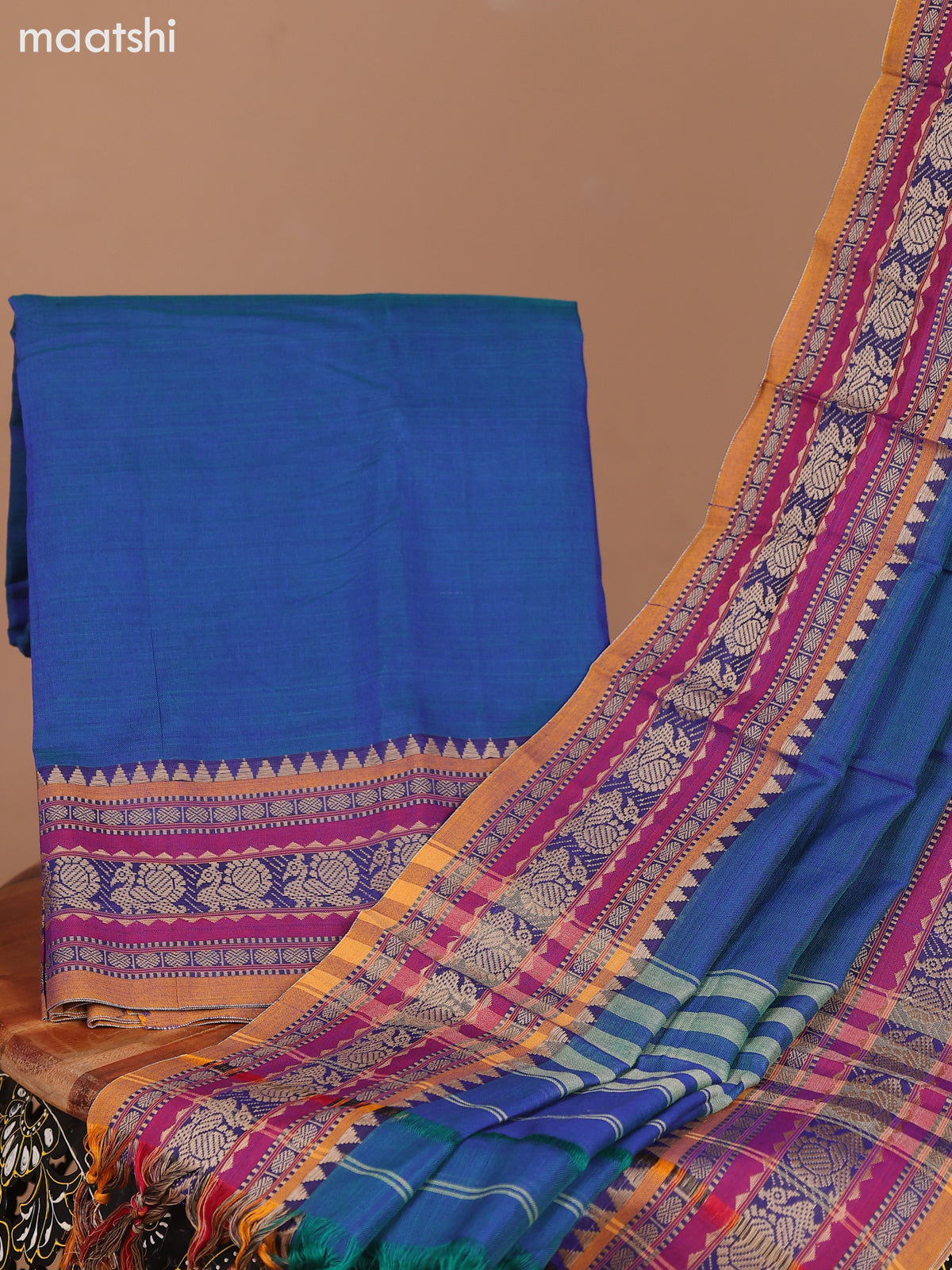 Dual Shade Of Peacock Blue and Mustard Narayanpet Cotton Dress Material With Plain Body & Thread Woven Border and Running Bottom & Dupatta