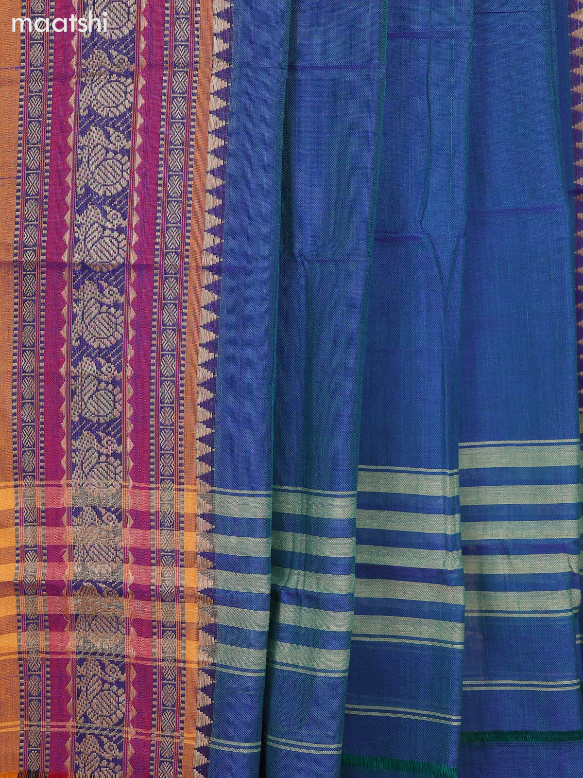 Dual Shade Of Peacock Blue and Mustard Narayanpet Cotton Dress Material With Plain Body & Thread Woven Border and Running Bottom & Dupatta