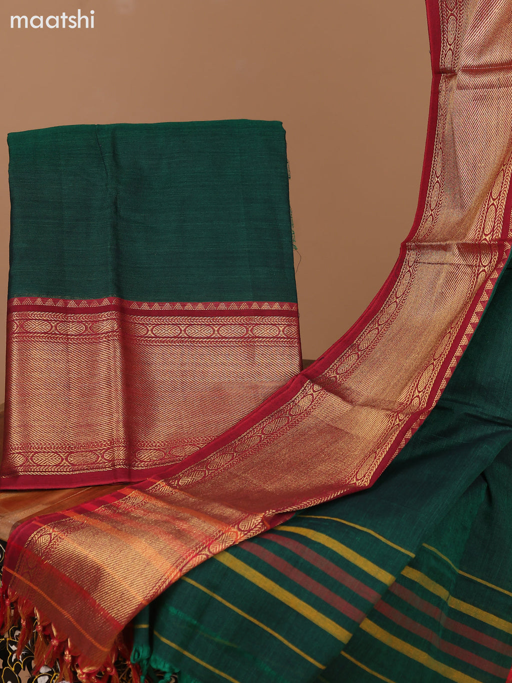 Green and Maroon Narayanpet Cotton Dress Material With Plain Body & Zari Woven Border and Running Bottom & Dupatta