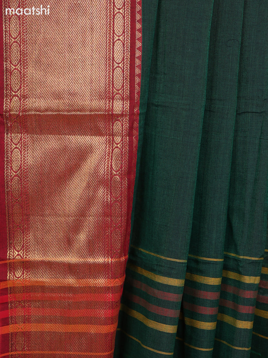 Green and Maroon Narayanpet Cotton Dress Material With Plain Body & Zari Woven Border and Running Bottom & Dupatta