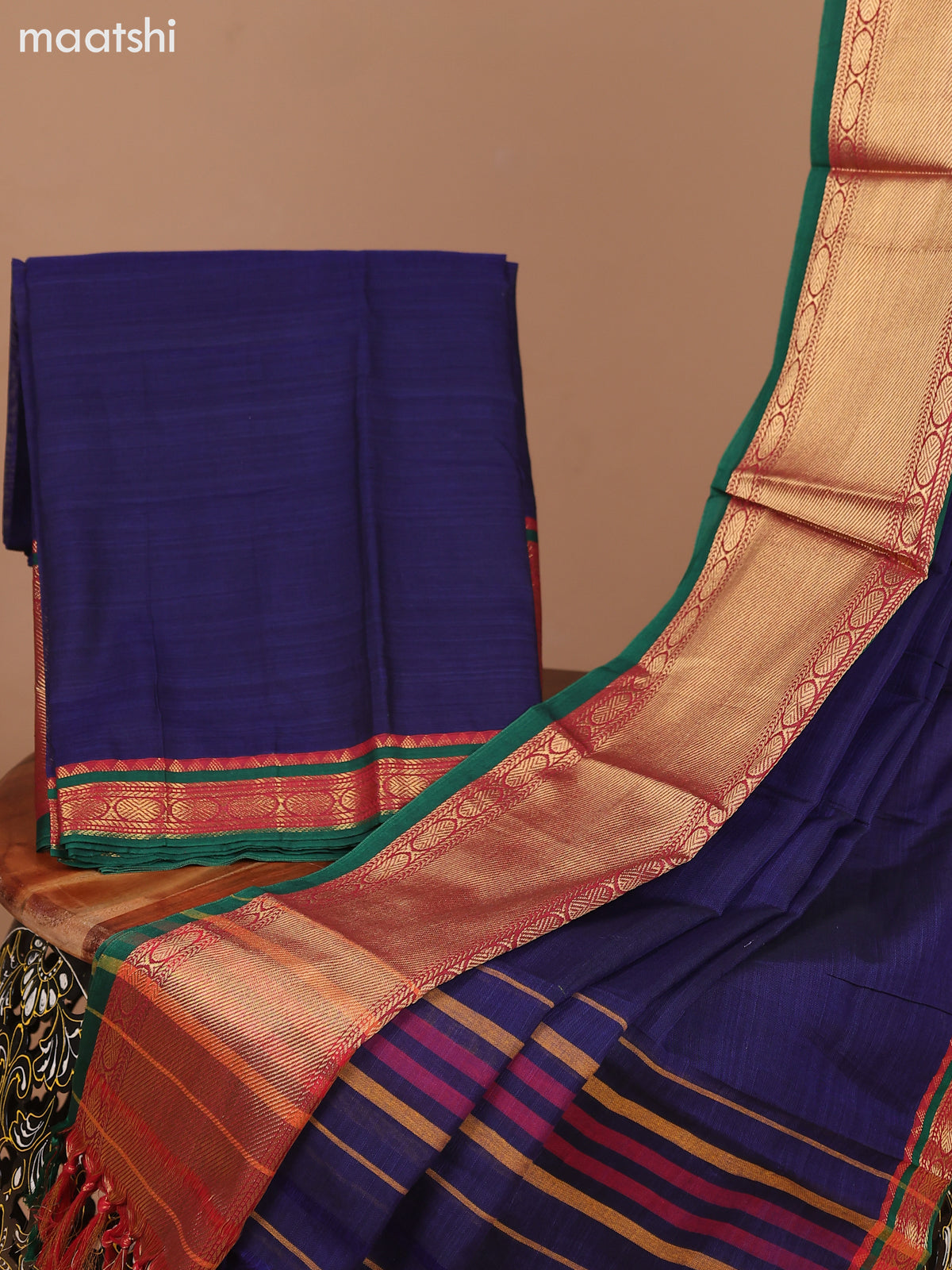 Navy Blue and Green Narayanpet Cotton Dress Material With Plain Body & Zari Woven Border and Running Bottom & Dupatta