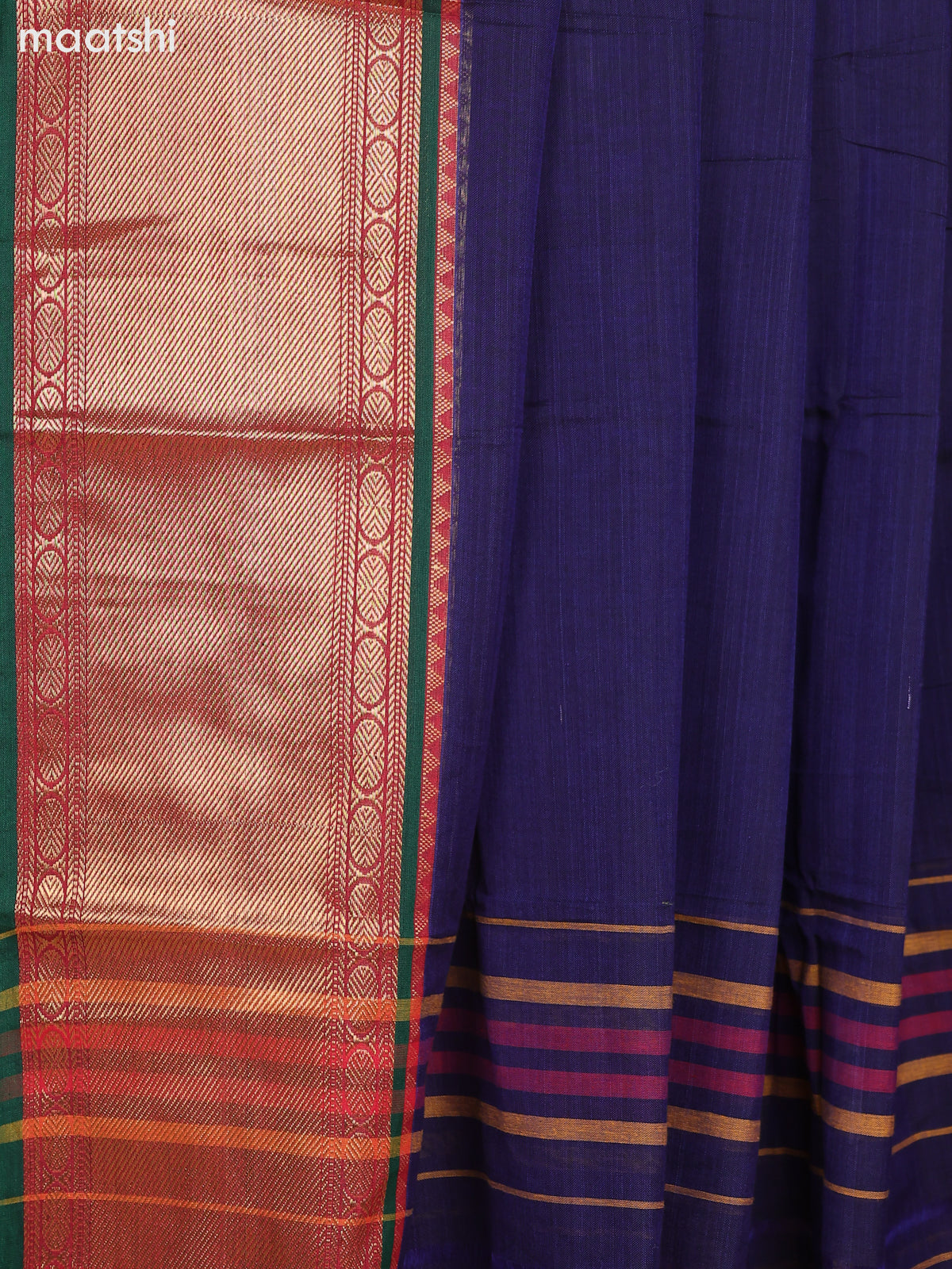 Navy Blue and Green Narayanpet Cotton Dress Material With Plain Body & Zari Woven Border and Running Bottom & Dupatta