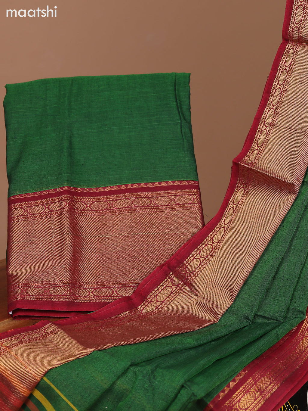 Sap Green and Maroon Narayanpet Cotton Dress Material With Plain Body & Zari Woven Border and Running Bottom & Dupatta