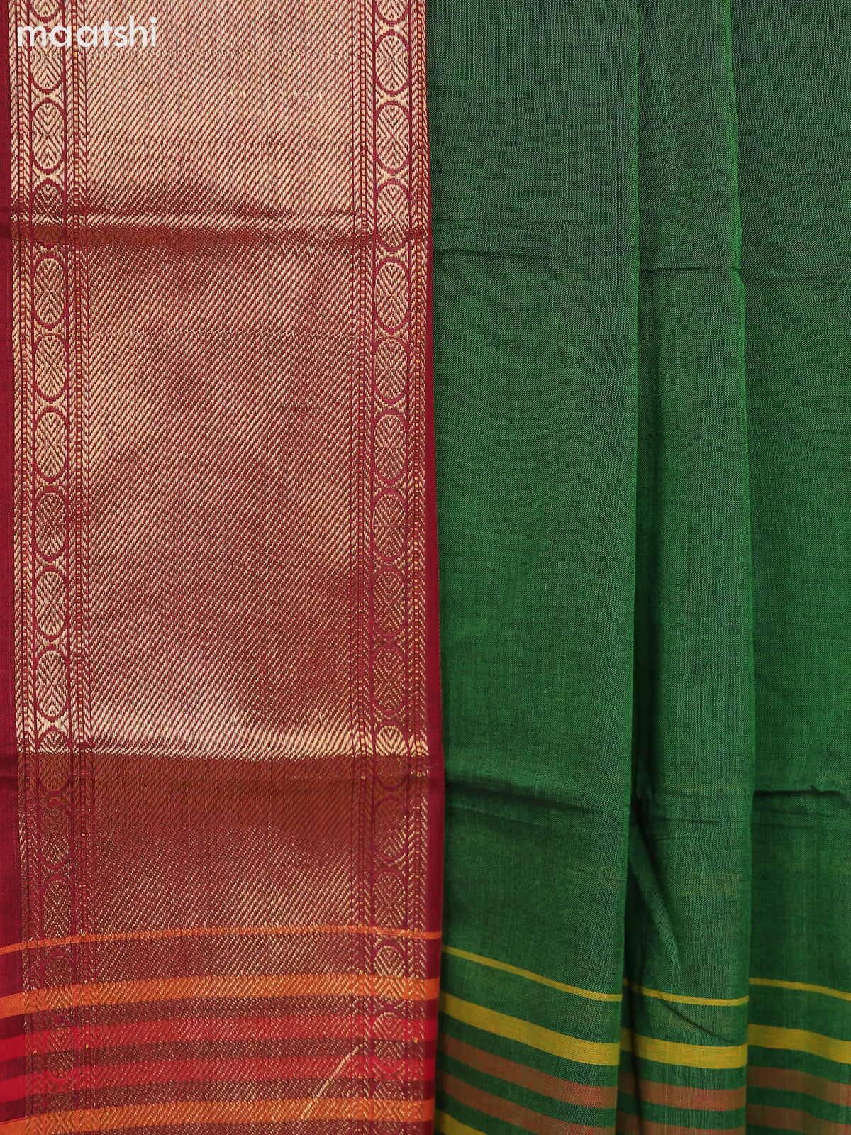 Sap Green and Maroon Narayanpet Cotton Dress Material With Plain Body & Zari Woven Border and Running Bottom & Dupatta