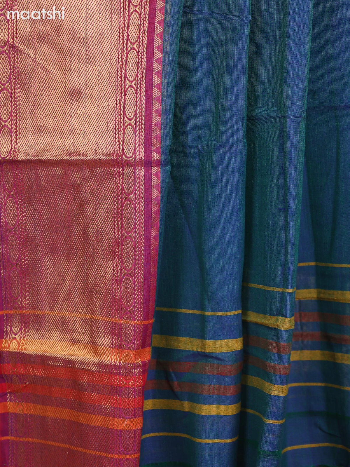 Dual Shade Of Peacock Blue and Dark Magenta Pink Narayanpet Cotton Dress Material With Plain Body & Zari Woven Border and Running Bottom & Dupatta