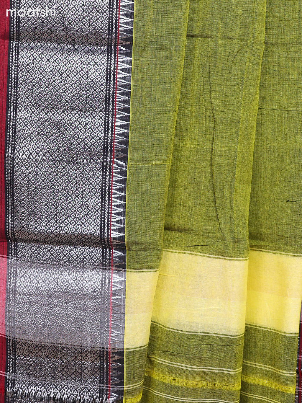 Mehendi Green and Maroon Narayanpet Cotton Dress Material With Plain Body & Silver Zari Border and Running Bottom & Dupatta