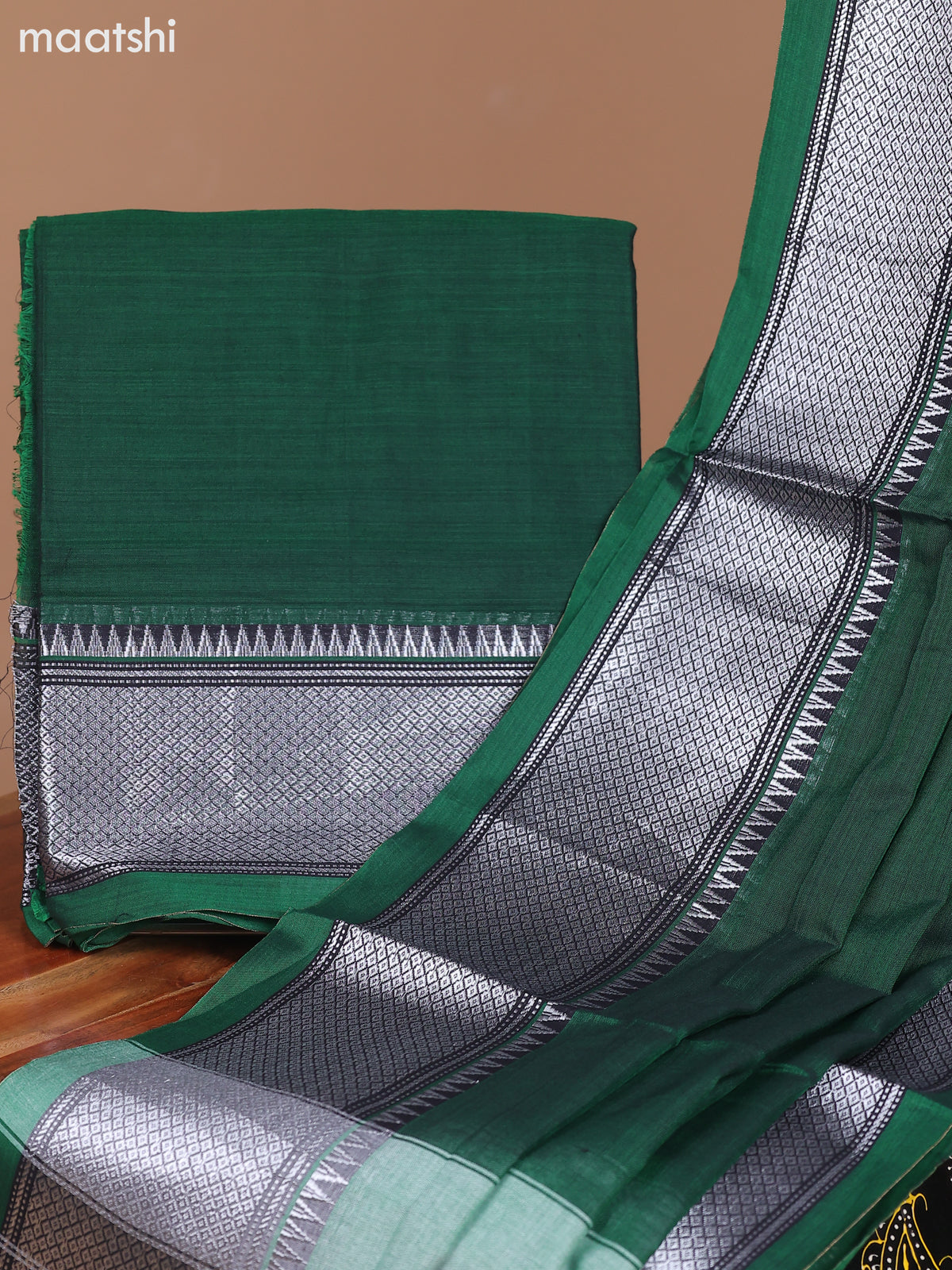 Green and Black Narayanpet Cotton Dress Material With Plain Body & Silver Zari Border and Running Bottom & Dupatta