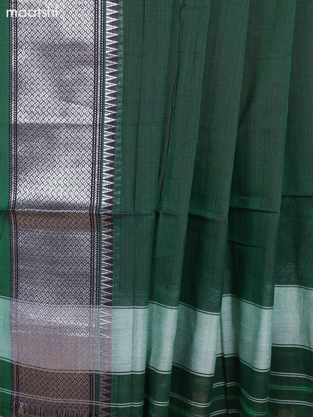 Green and Black Narayanpet Cotton Dress Material With Plain Body & Silver Zari Border and Running Bottom & Dupatta