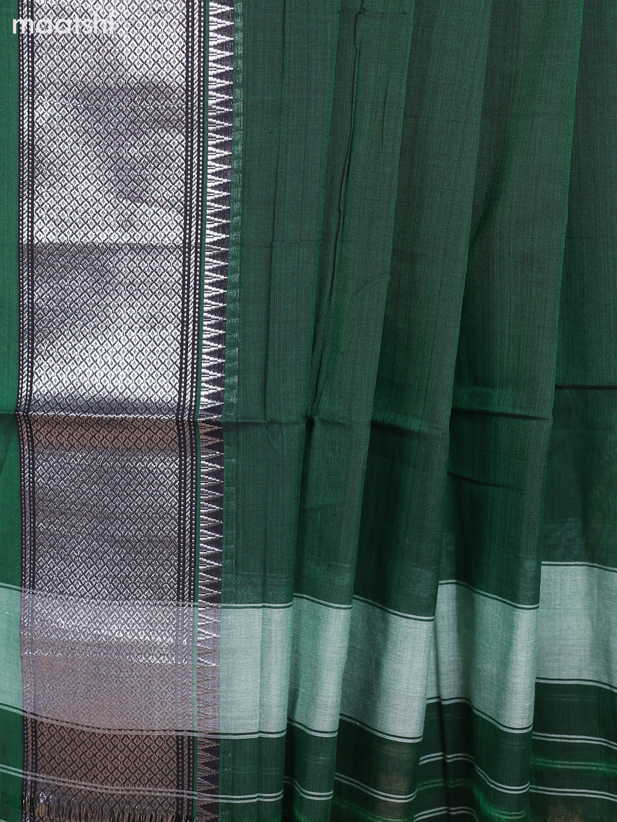 Green and Black Narayanpet Cotton Dress Material With Plain Body & Silver Zari Border and Running Bottom & Dupatta