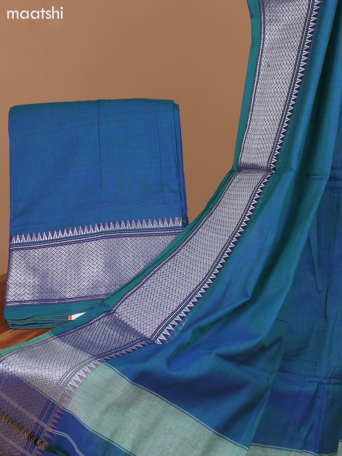 Dual Shade Of Peacoke Blue and Peacock Green Narayanpet Cotton Dress Material With Plain Body & Silver Zari Border and Running Bottom & Dupatta