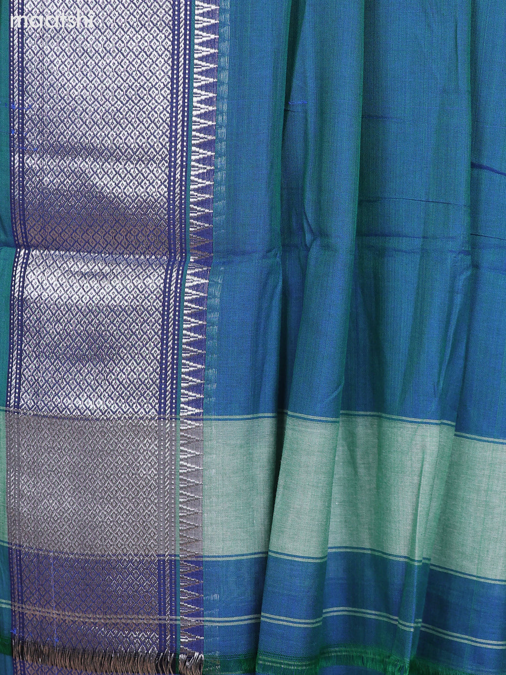 Dual Shade Of Peacoke Blue and Peacock Green Narayanpet Cotton Dress Material With Plain Body & Silver Zari Border and Running Bottom & Dupatta