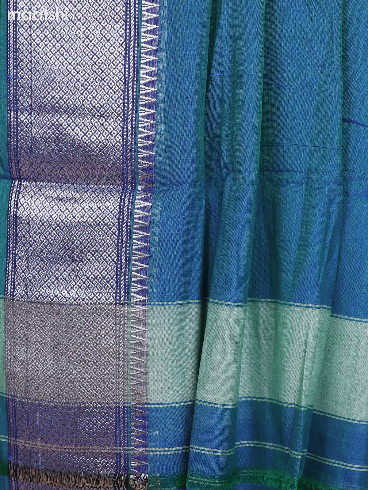 Dual Shade Of Peacoke Blue and Peacock Green Narayanpet Cotton Dress Material With Plain Body & Silver Zari Border and Running Bottom & Dupatta
