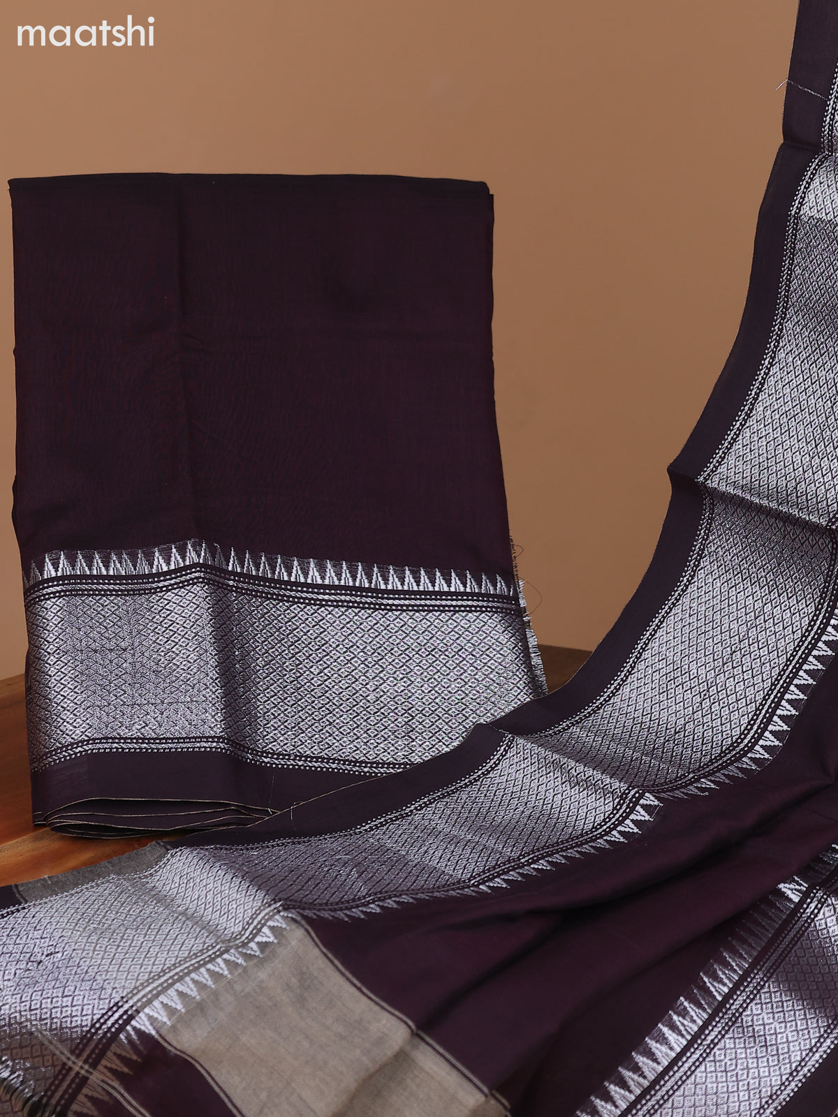 Dark Brown Narayanpet Cotton Dress Material With Plain Body & Silver Zari Border and Running Bottom & Dupatta