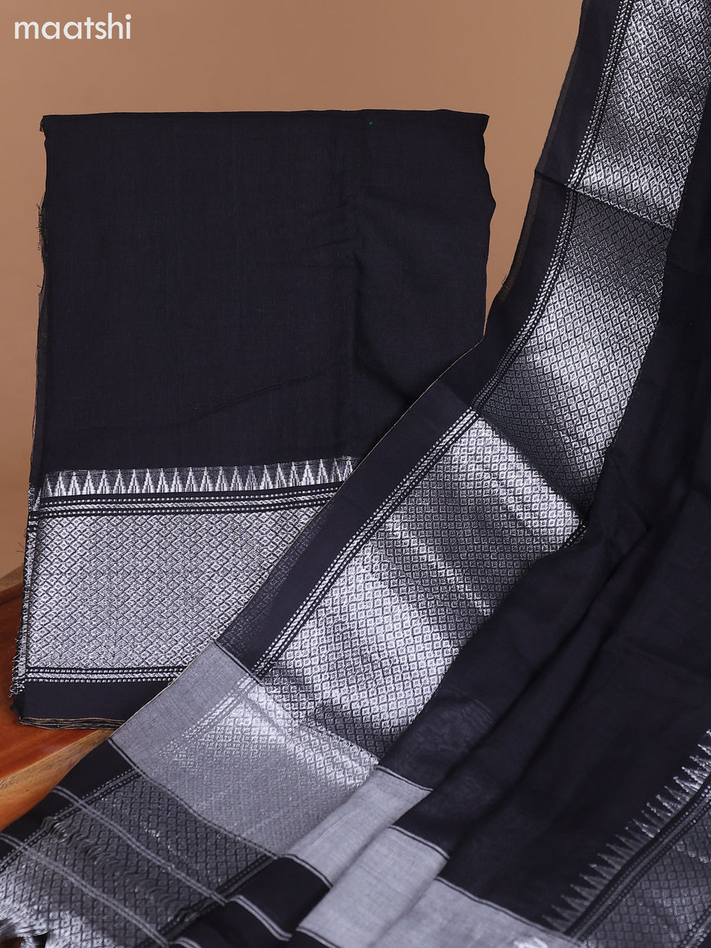 Black Narayanpet Cotton Dress Material With Plain Body & Silver Zari Border and Running Bottom & Dupatta