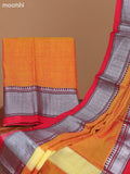 Dual Shade Of Lime Yellow and Red Narayanpet Cotton Dress Material With Plain Body & Silver Zari Border and Running Bottom & Dupatta