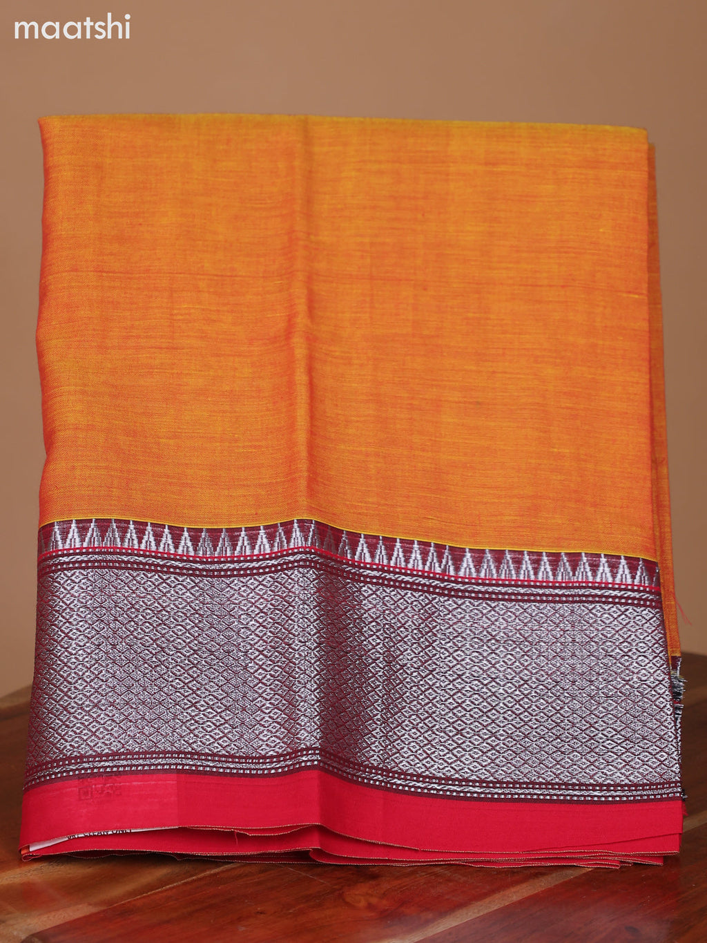 Dual Shade Of Lime Yellow and Red Narayanpet Cotton Dress Material With Plain Body & Silver Zari Border and Running Bottom & Dupatta