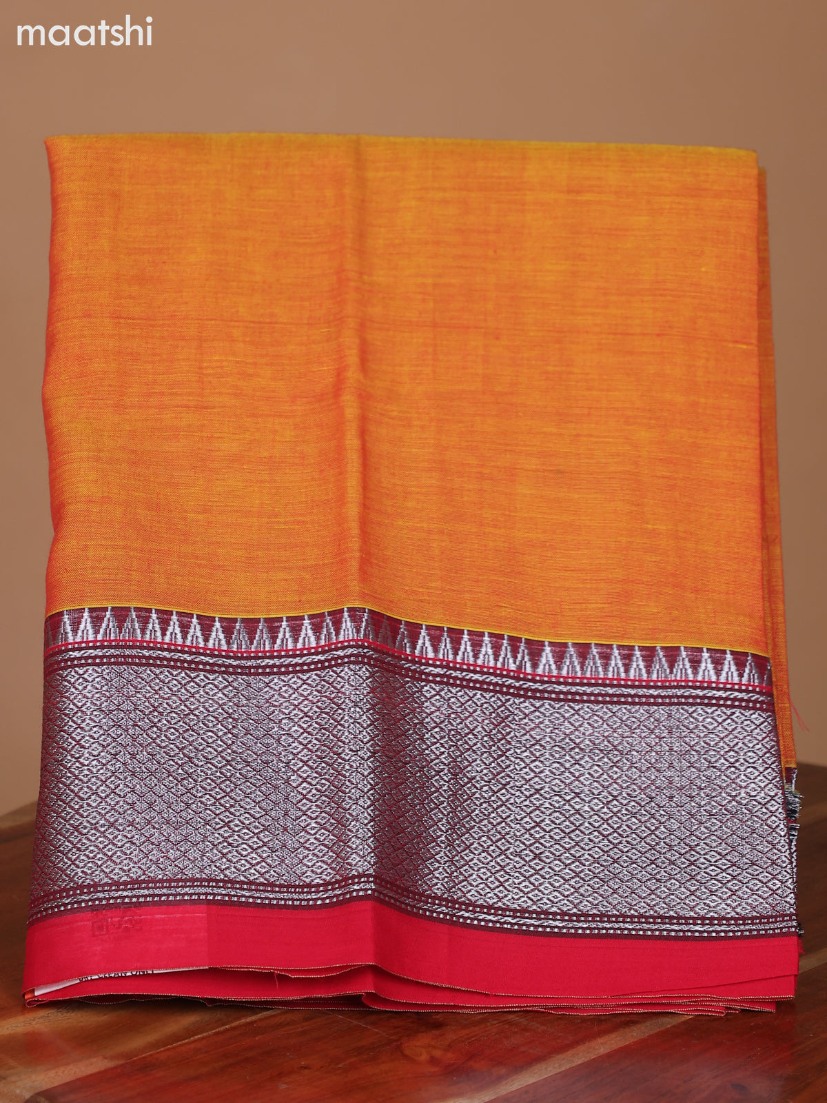 Dual Shade Of Lime Yellow and Red Narayanpet Cotton Dress Material With Plain Body & Silver Zari Border and Running Bottom & Dupatta