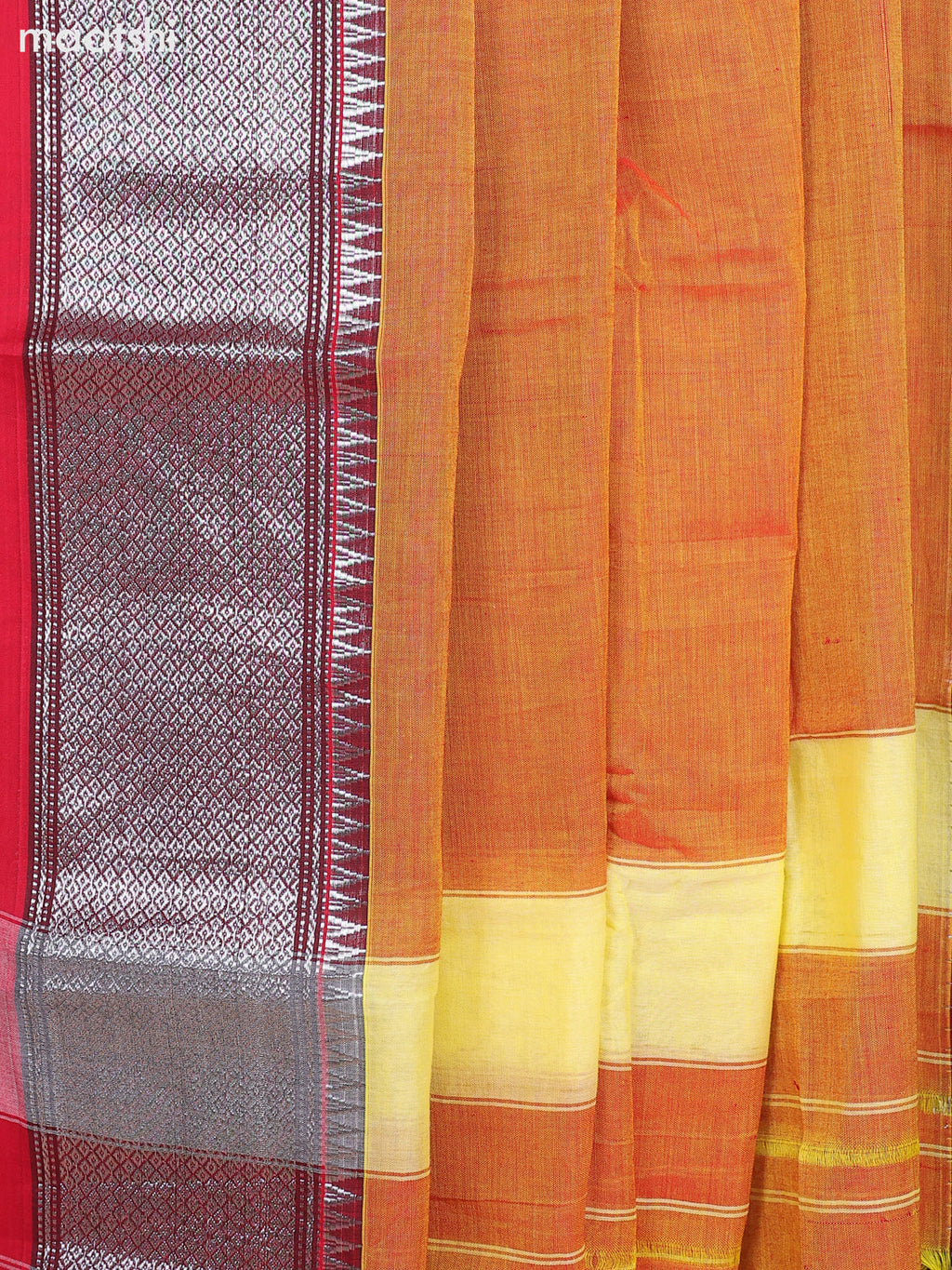 Dual Shade Of Lime Yellow and Red Narayanpet Cotton Dress Material With Plain Body & Silver Zari Border and Running Bottom & Dupatta