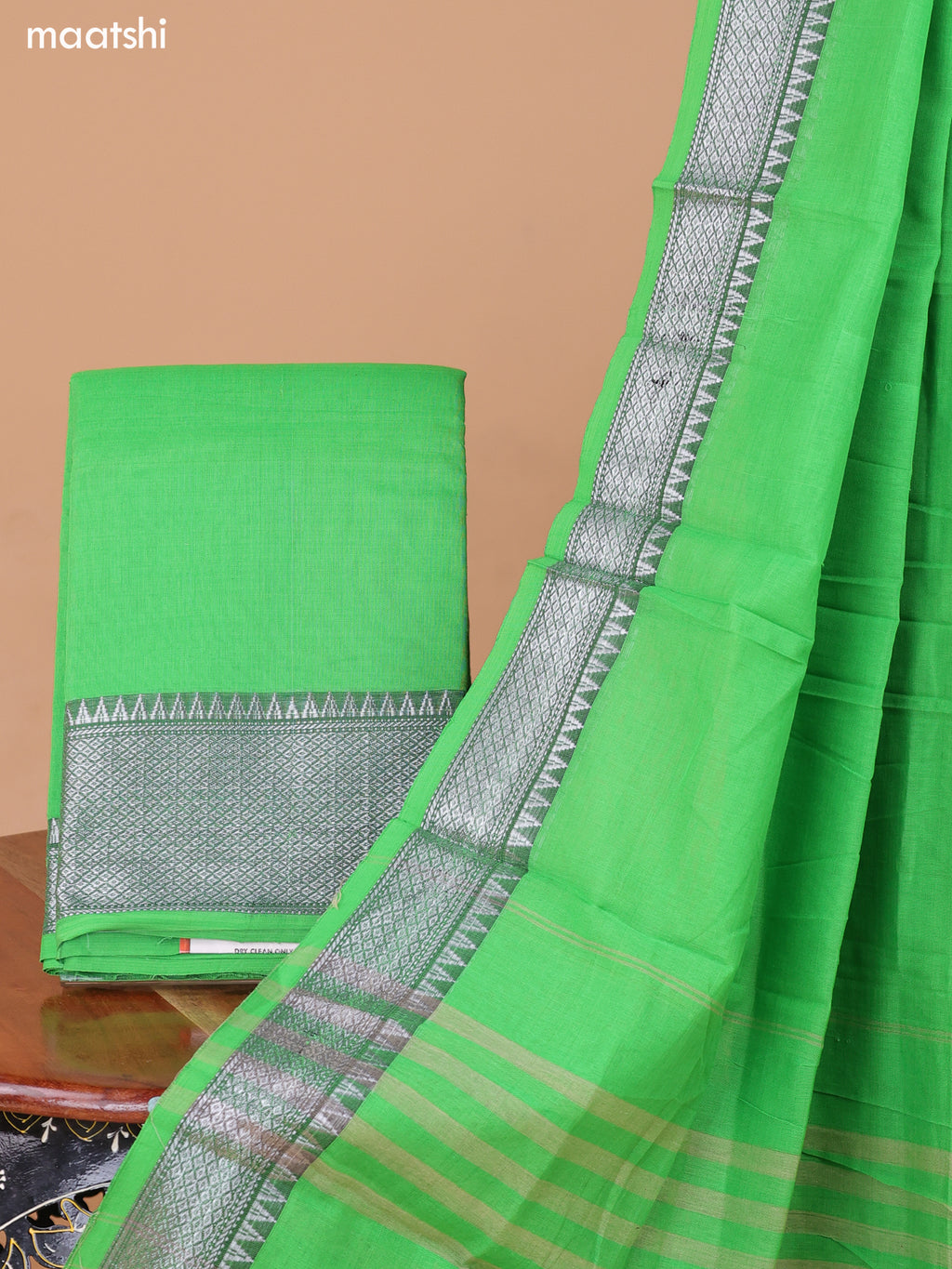 Light Green Narayanpet Cotton Dress Material With Plain Body & Silver Zari Border and Running Bottom & Dupatta