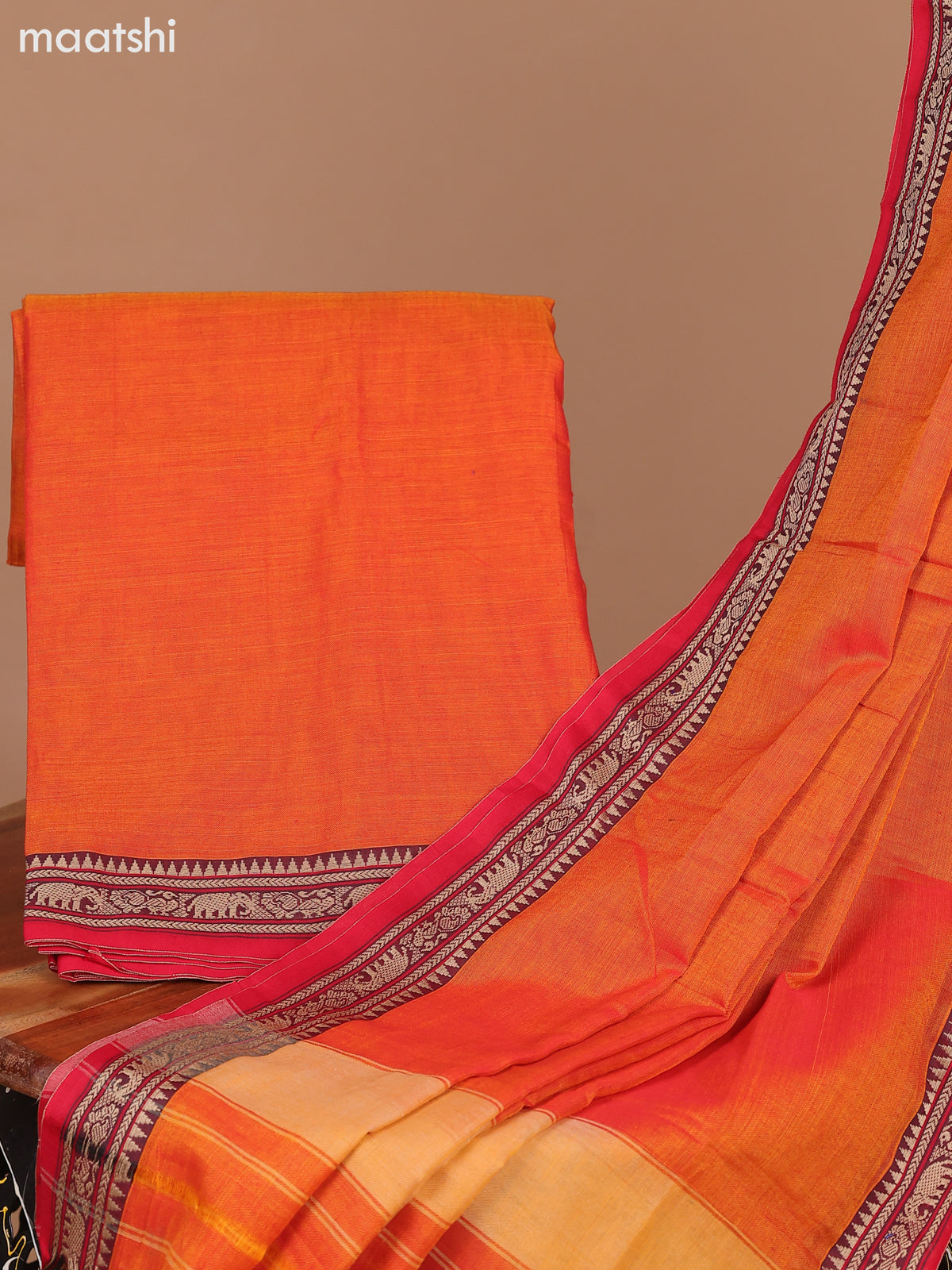 Rustic Orange and Red Narayanpet Cotton Dress Material With Plain Body & Thread Woven Border and Running Bottom & Dupatta