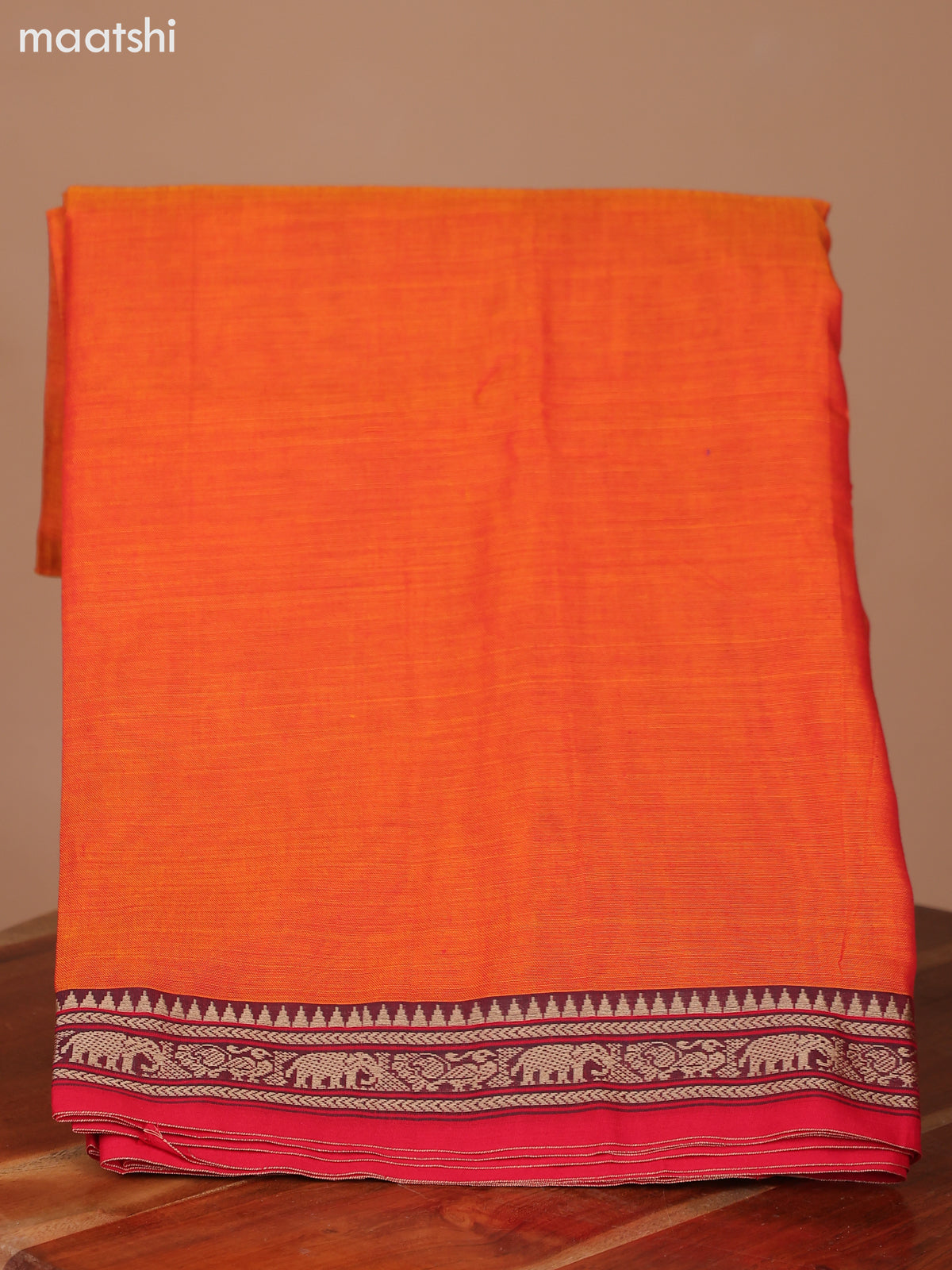 Rustic Orange and Red Narayanpet Cotton Dress Material With Plain Body & Thread Woven Border and Running Bottom & Dupatta