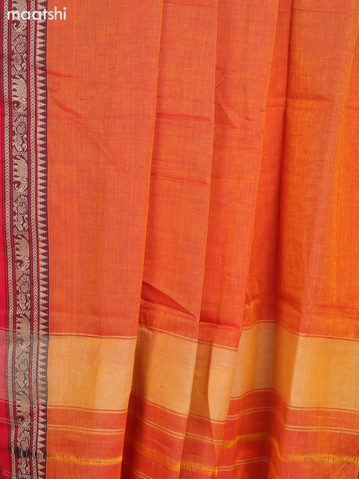 Rustic Orange and Red Narayanpet Cotton Dress Material With Plain Body & Thread Woven Border and Running Bottom & Dupatta