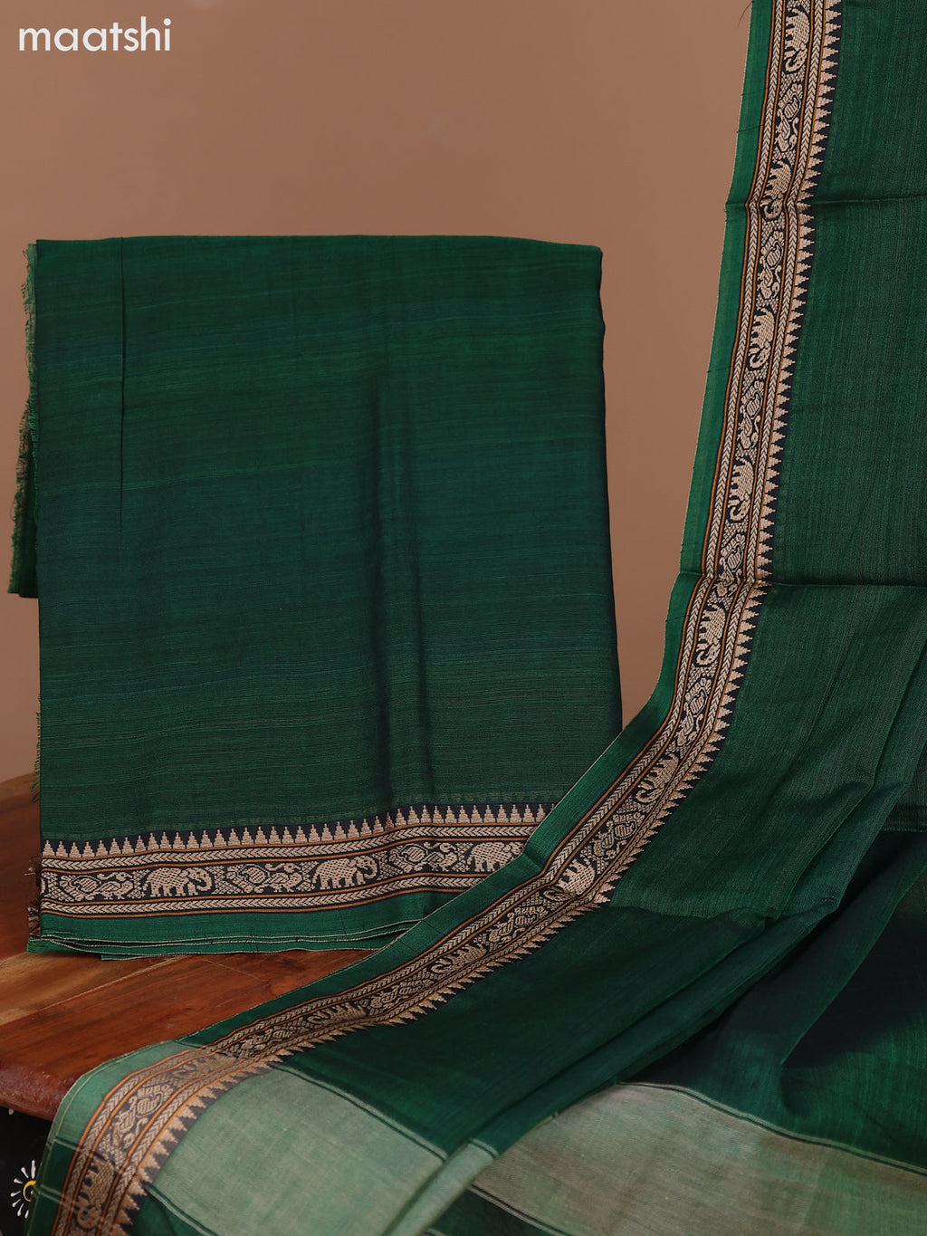 Green Narayanpet Cotton Dress Material With Plain Body & Thread Woven Border and Running Bottom & Dupatta