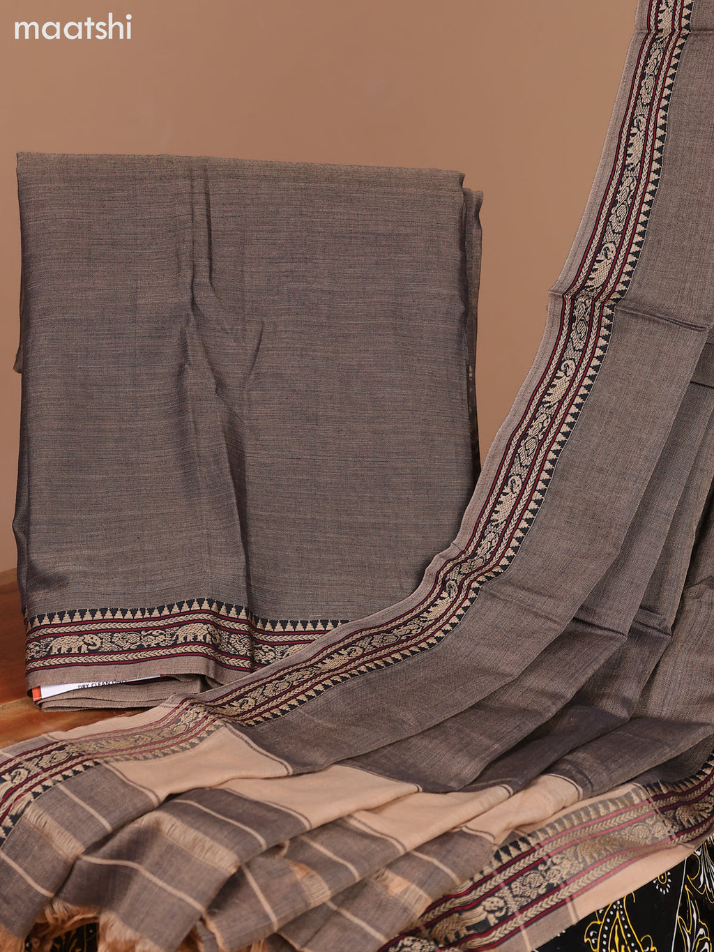 Dual Shade Of Biege and Black Narayanpet Cotton Dress Material With Plain Body & Thread Woven Border and Running Bottom & Dupatta