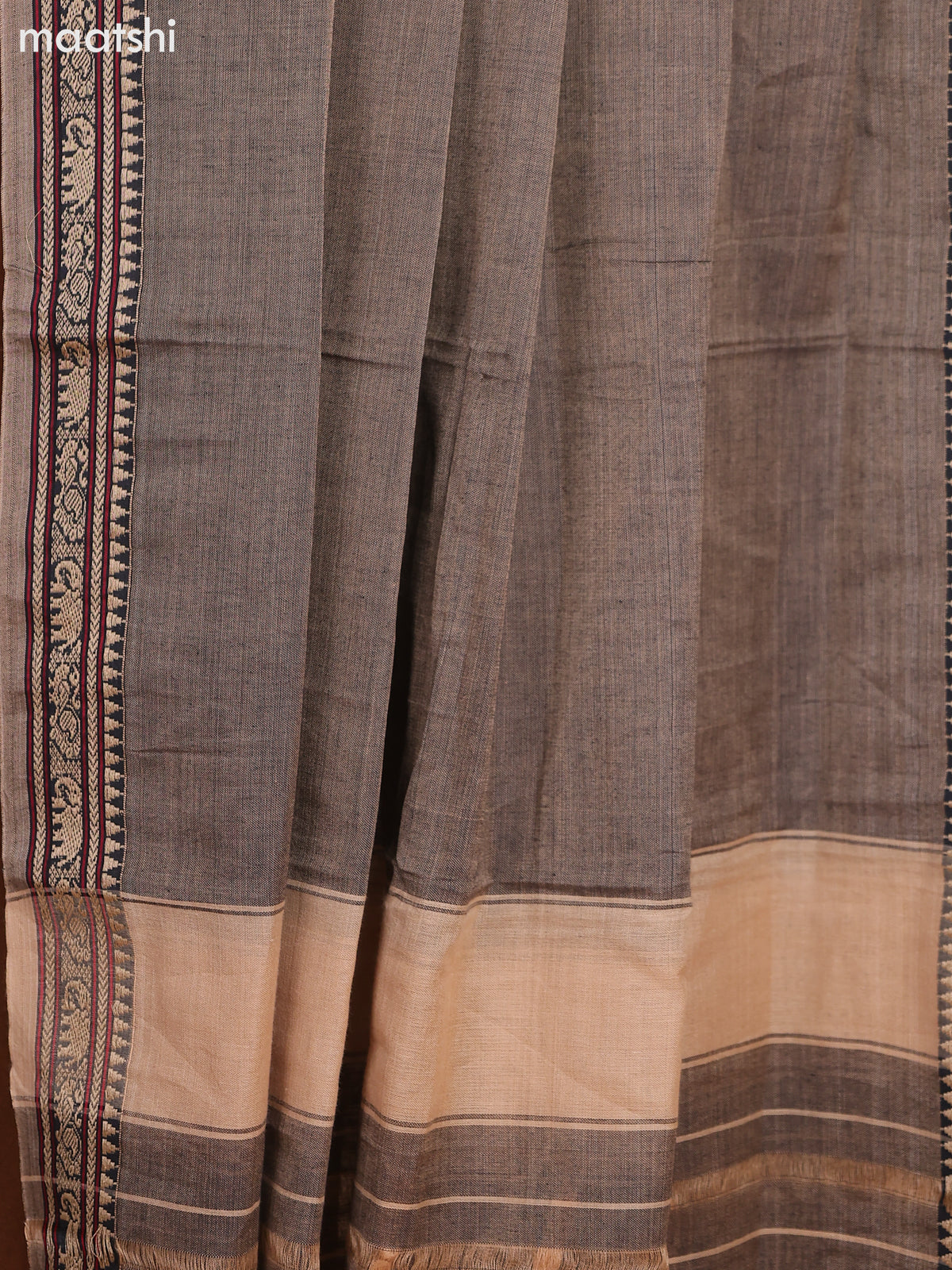 Dual Shade Of Biege and Black Narayanpet Cotton Dress Material With Plain Body & Thread Woven Border and Running Bottom & Dupatta