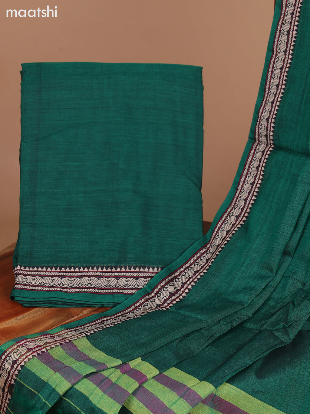 Green Narayanpet Cotton Dress Material With Plain Body & Thread Woven Border and Running Bottom & Dupatta