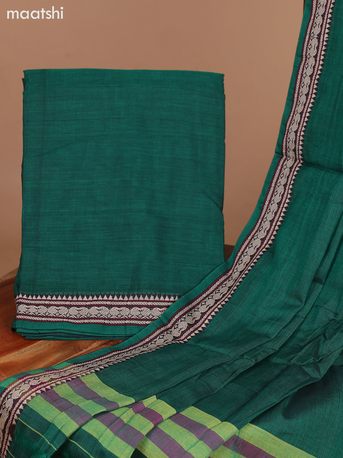 Green Narayanpet Cotton Dress Material With Plain Body & Thread Woven Border and Running Bottom & Dupatta
