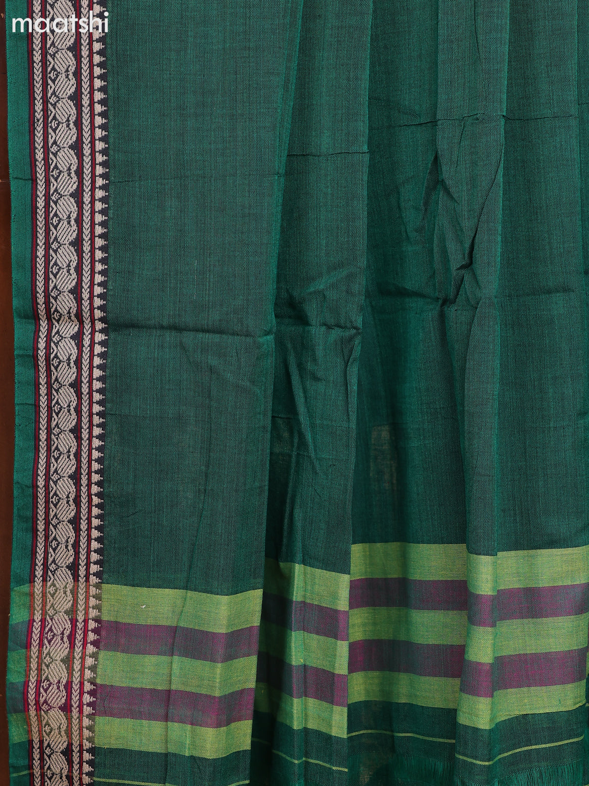 Green Narayanpet Cotton Dress Material With Plain Body & Thread Woven Border and Running Bottom & Dupatta