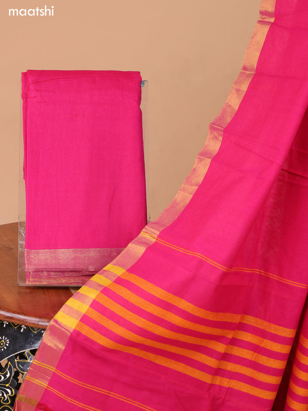Rani Pink Narayanpet Cotton Dress Material With Plain Body & Small Zari Woven Border and Running Bottom & Dupatta