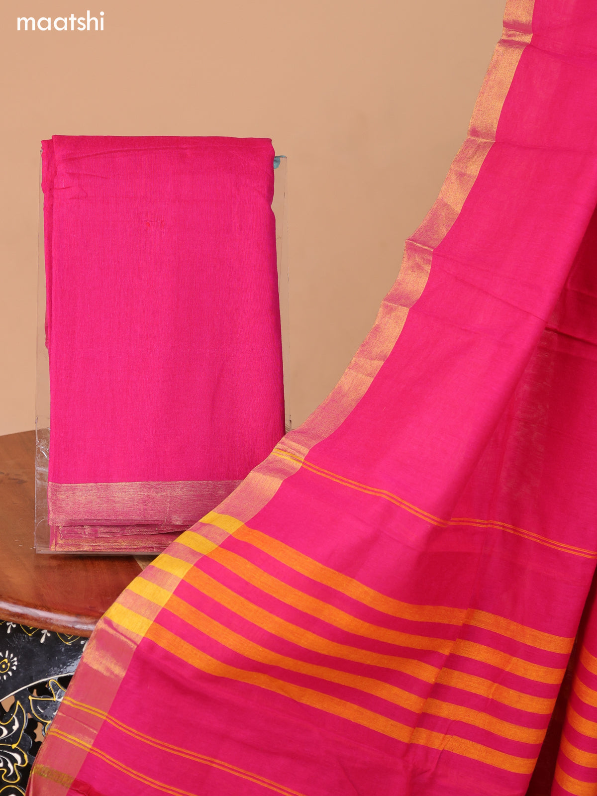 Rani Pink Narayanpet Cotton Dress Material With Plain Body & Small Zari Woven Border and Running Bottom & Dupatta
