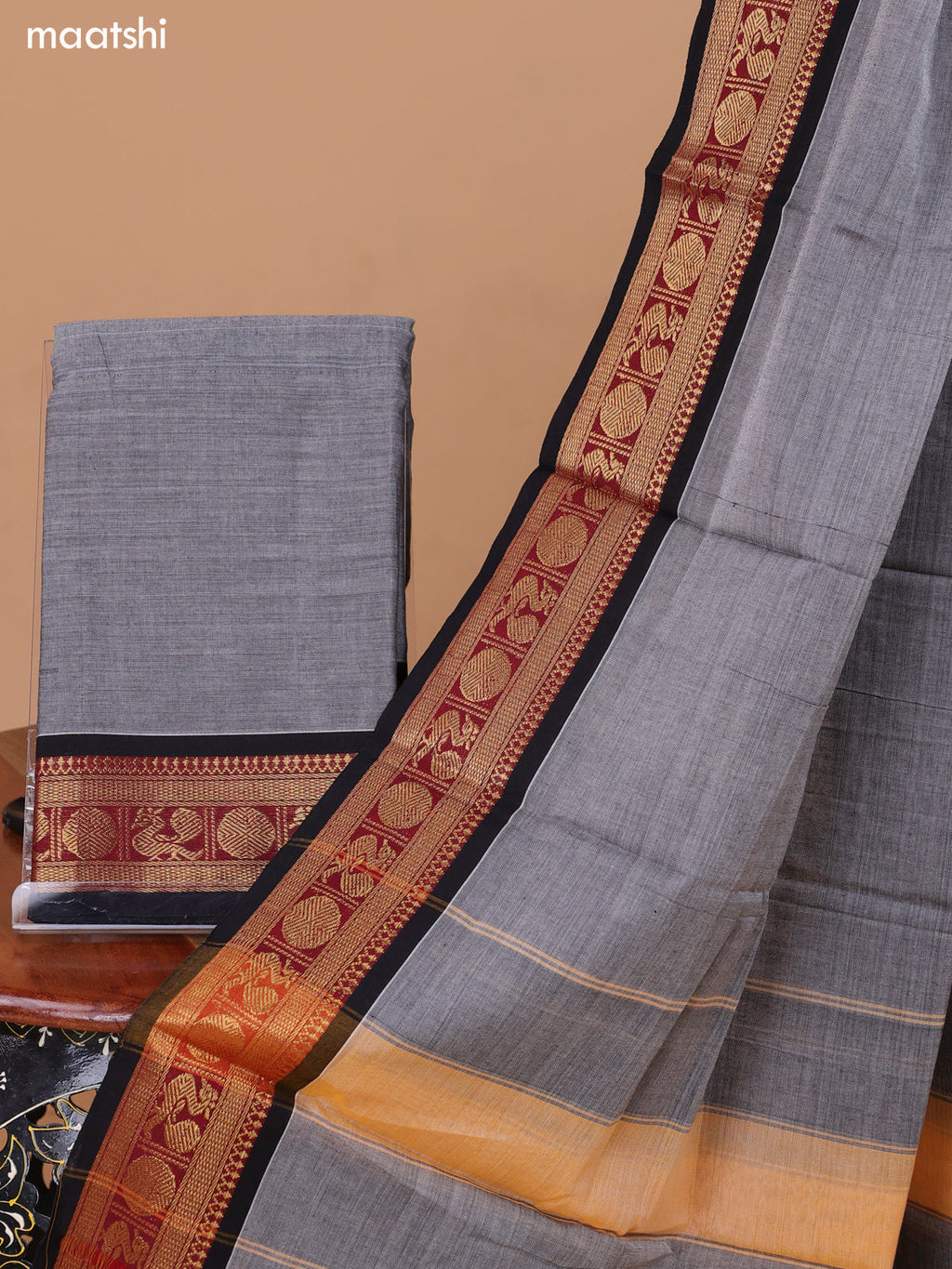 Grey and Black Narayanpet Cotton Dress Material With Plain Body & Zari Woven Border and Running Bottom & Dupatta